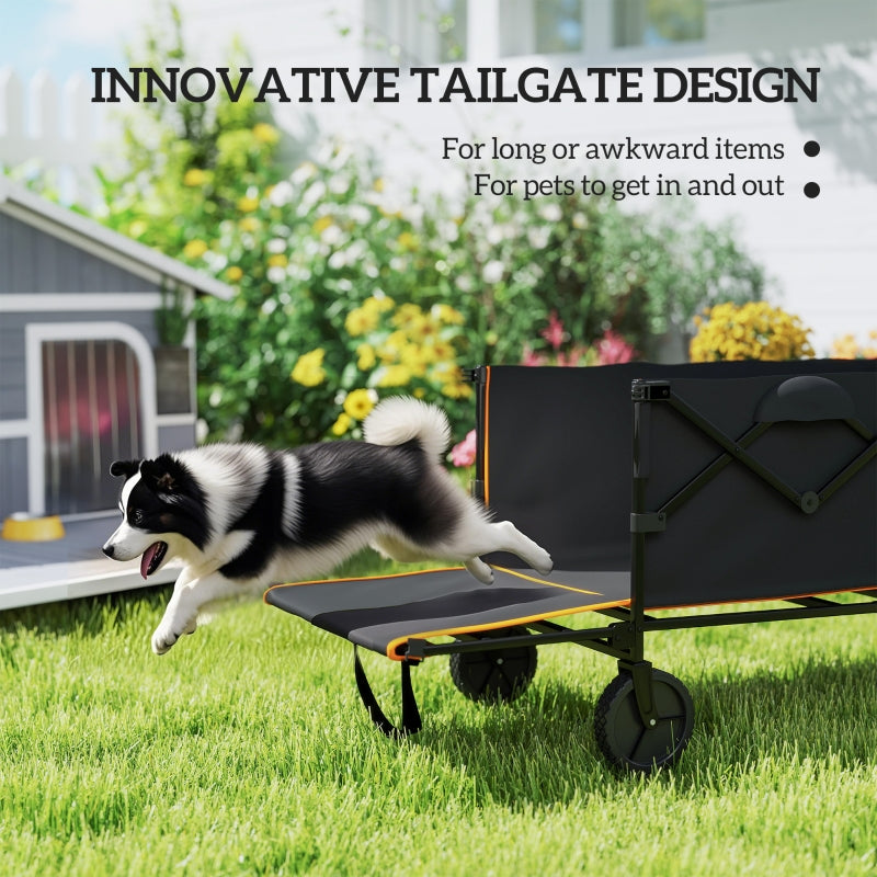 Folding Trolley Cart 160L 100kg Heavy Duty Collapsible Wagon with Tailgate, Black and Orange