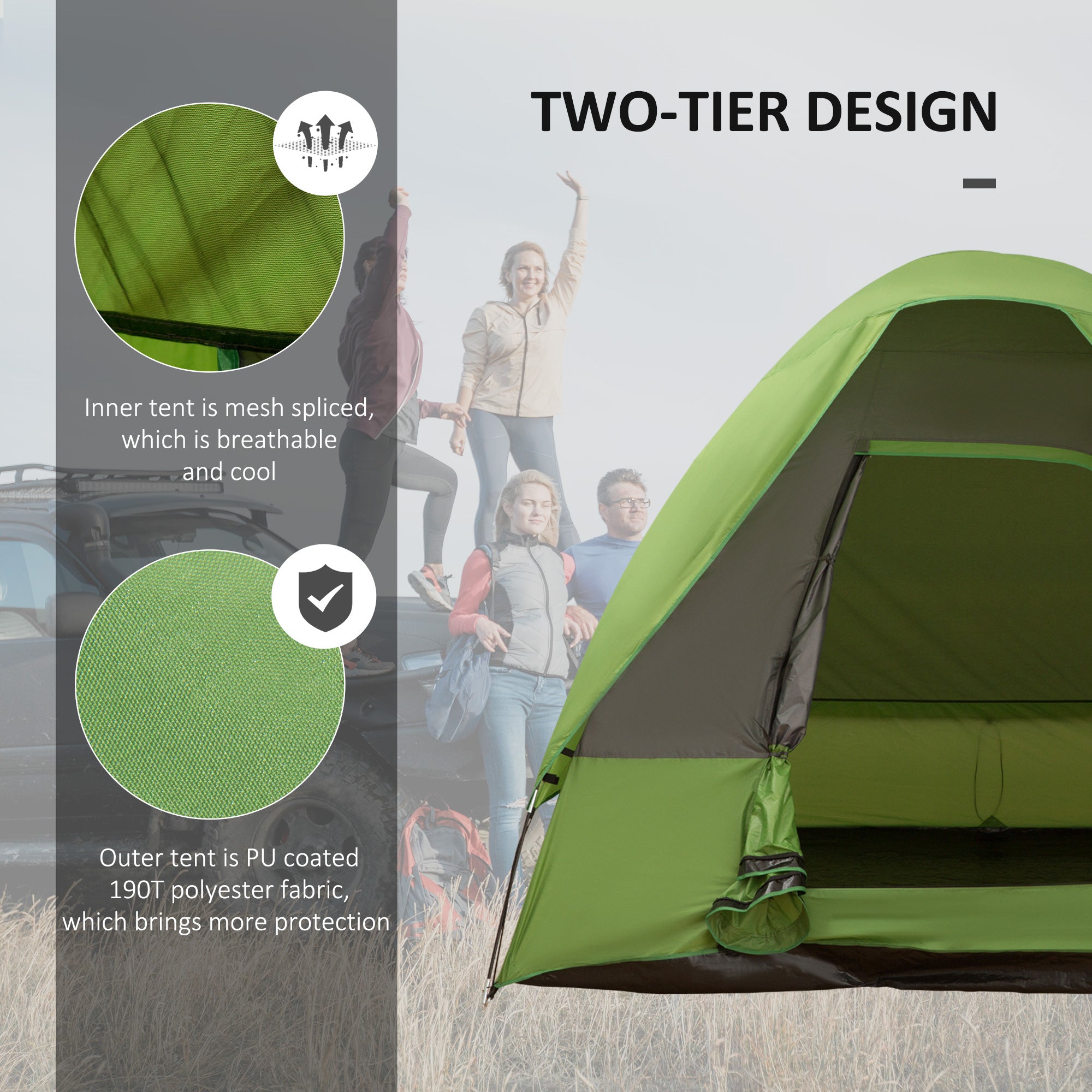 Camping Tent Car Tent, 4-5 Person, Fiberglass Polyester, Green