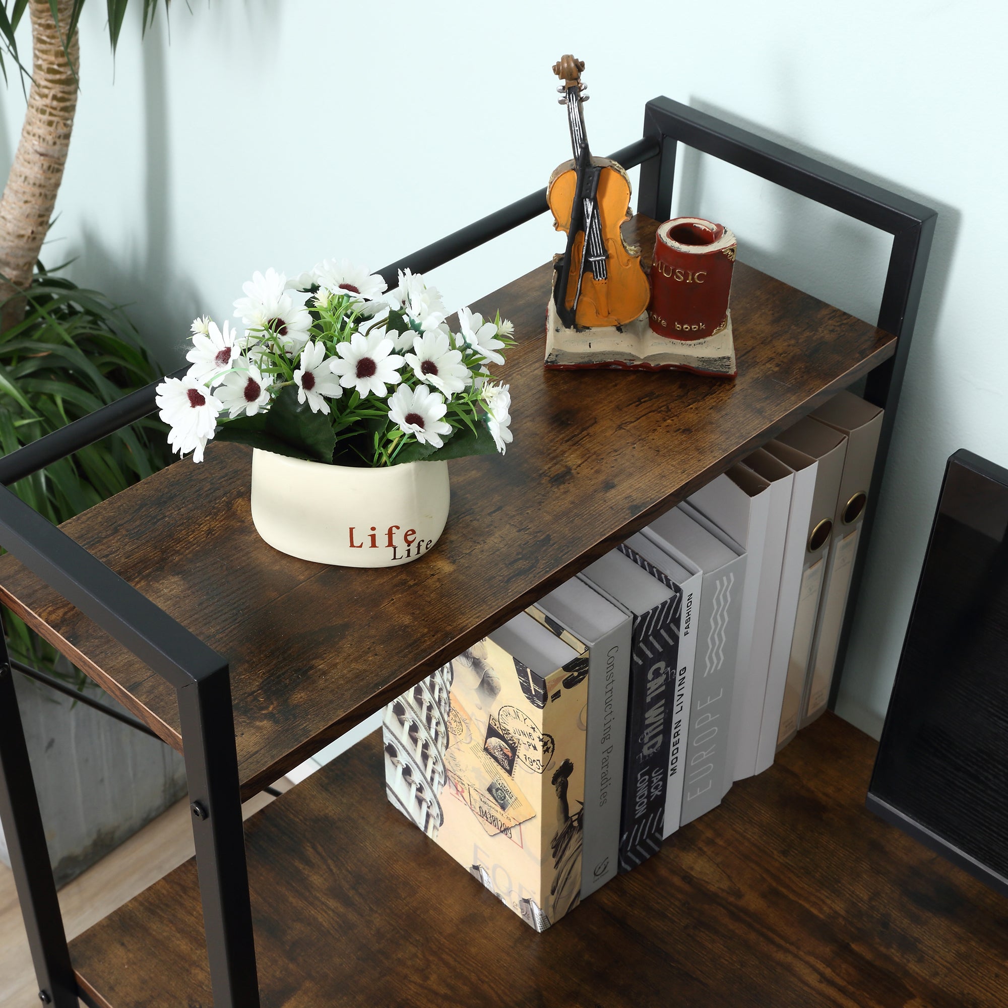 Study Desk Computer Table with 4-Tier Bookshelf and Metal Frame, Rustic Brown & Black