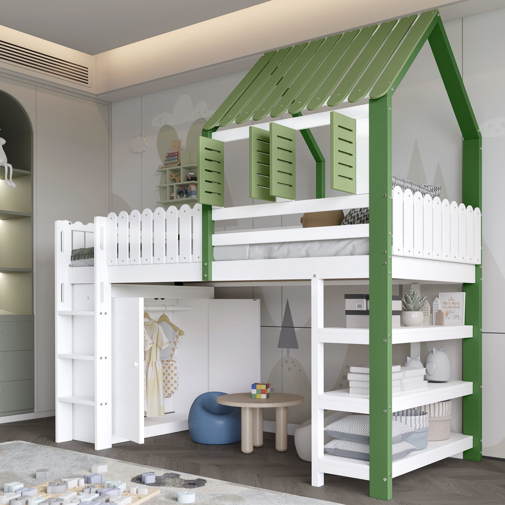 Loft Bed, Children's with Wardrobe & Ladder, Pine+MDF+Plywood, White+Green