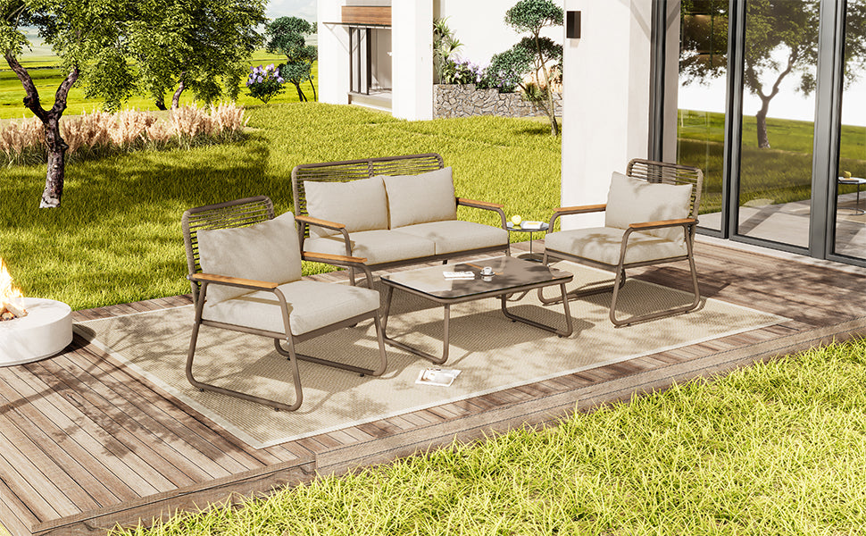 Garden Lounge Set 4 Person Sofa Table Adjustable Legs Tempered Glass - Beige