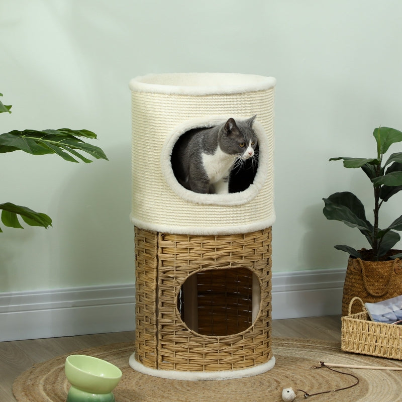 Cat Scratching Barrel, 80cm High, Three-Tier, Plush Rim, Cream White + Brown