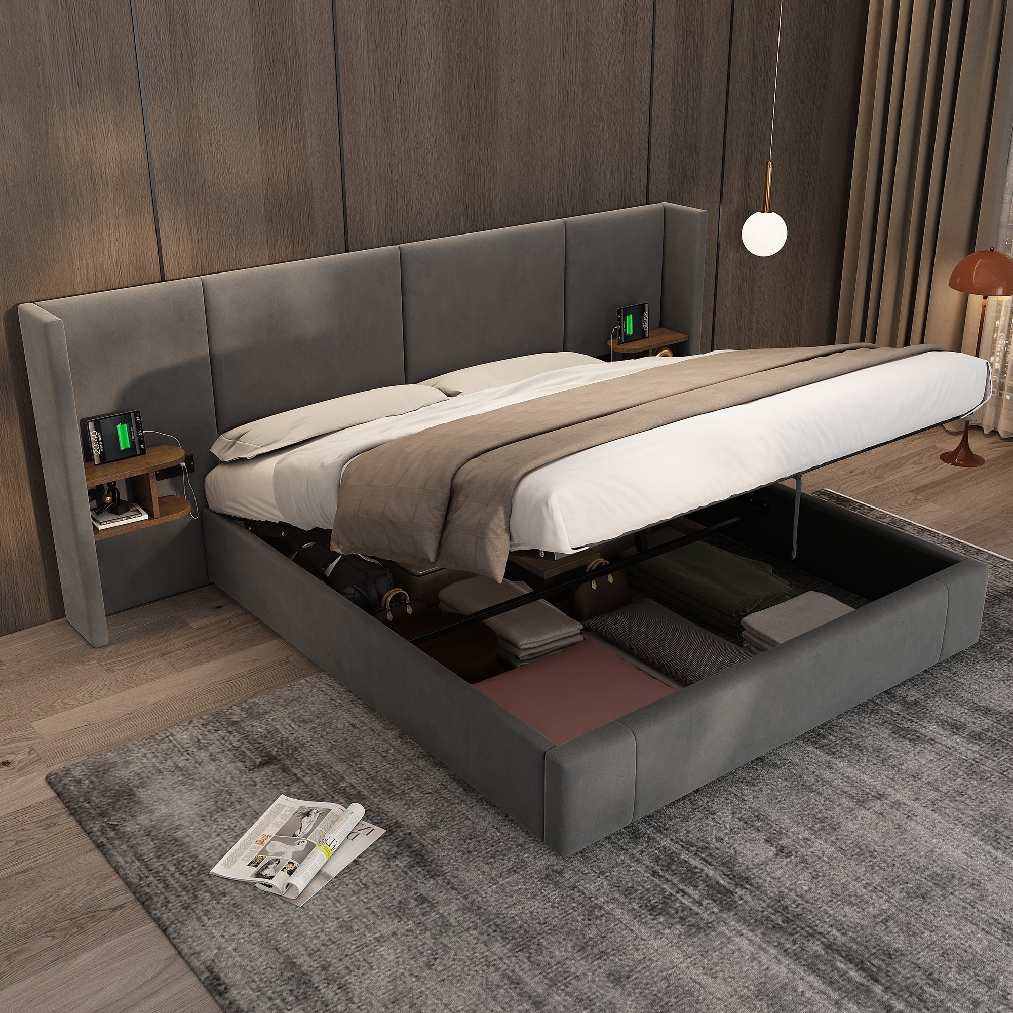 Upholstered Super King Size Bed 6ft (180*200cm) with Ottoman Lift Up, USB Connection, Sockets, and Two Bedside Tables, Velvet, Grey