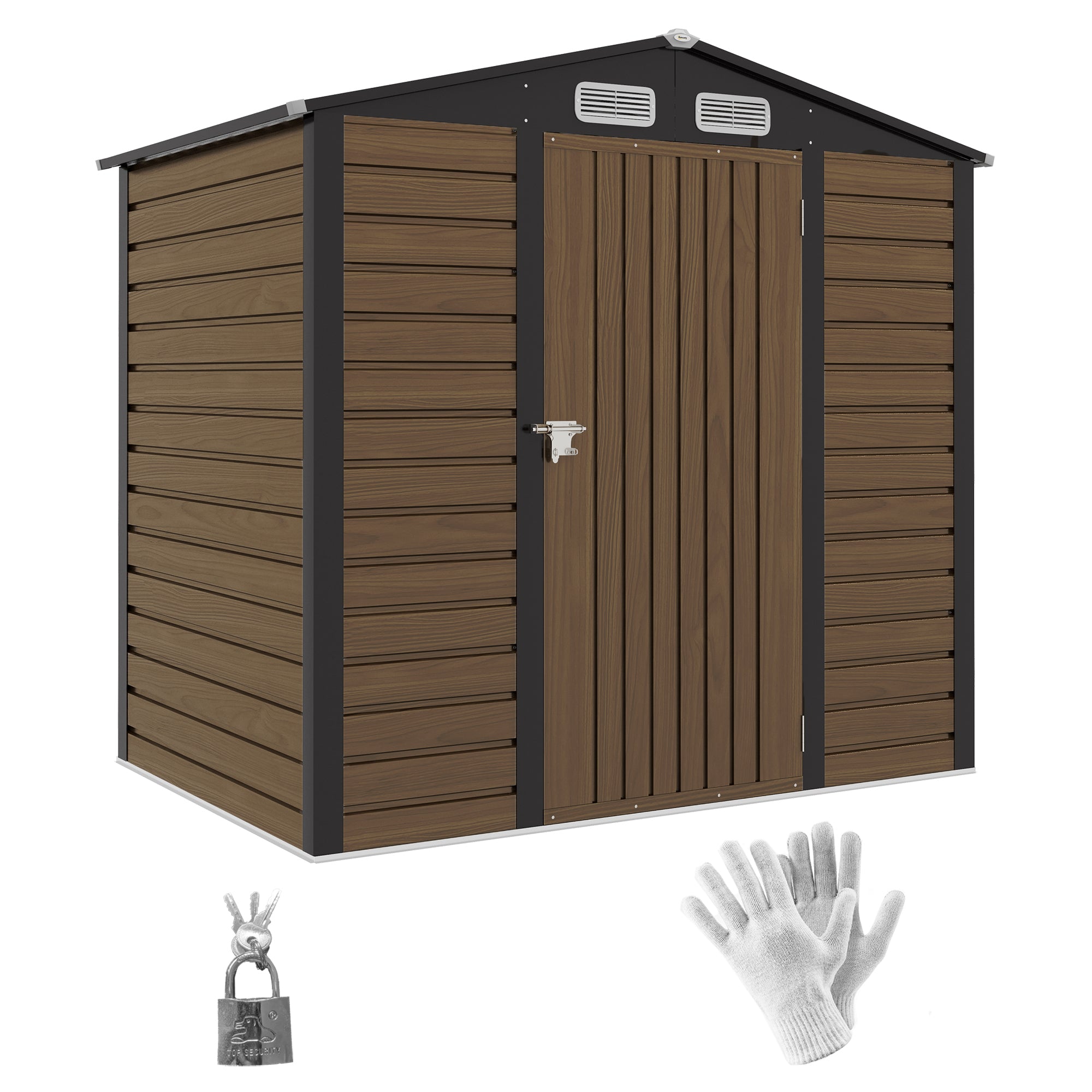 Garden Shed, 4 x 6ft Galvanised Steel with Lock and Gloves - Oak