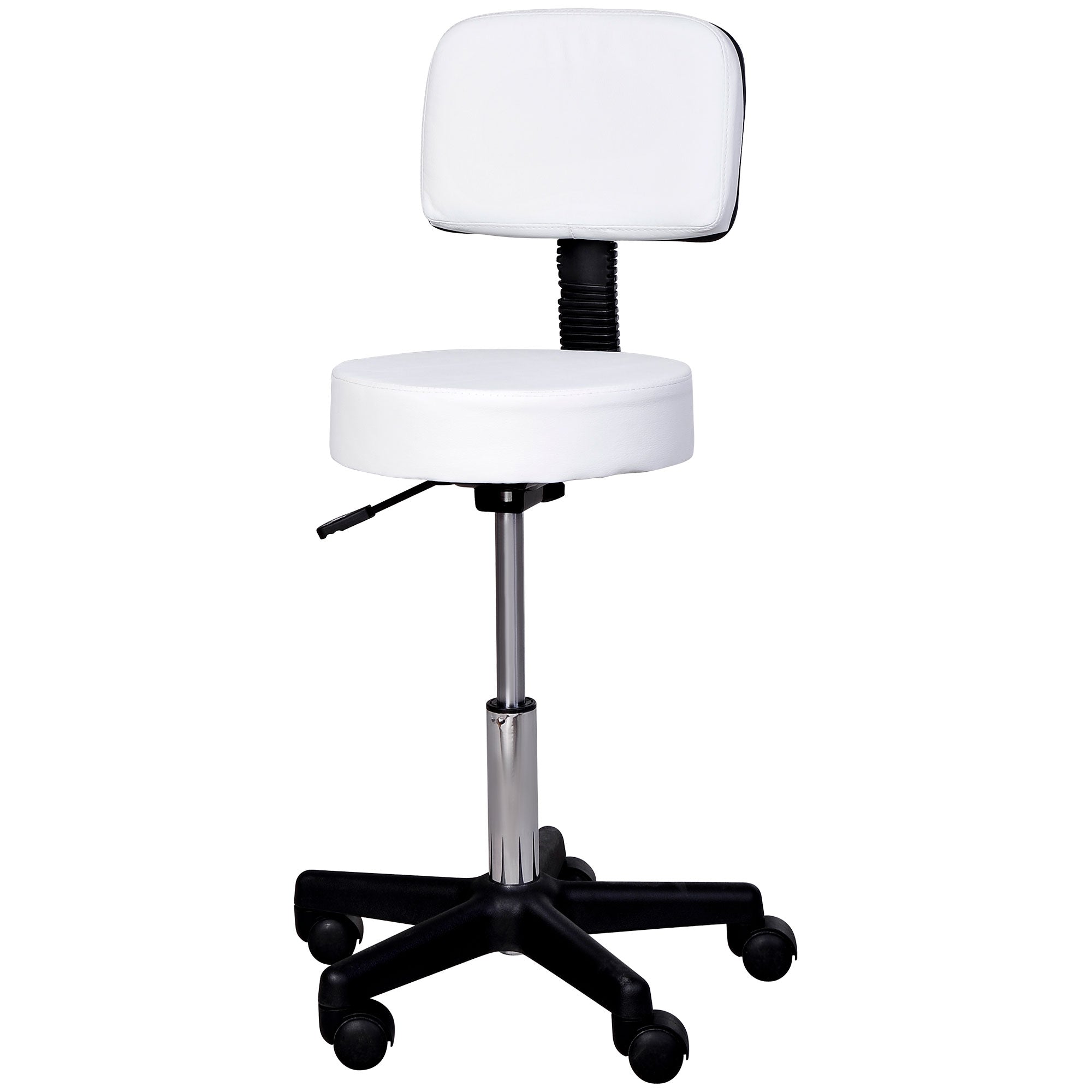 Work Stool, Rolling Swivel, Height Adjustable with Backrest, White