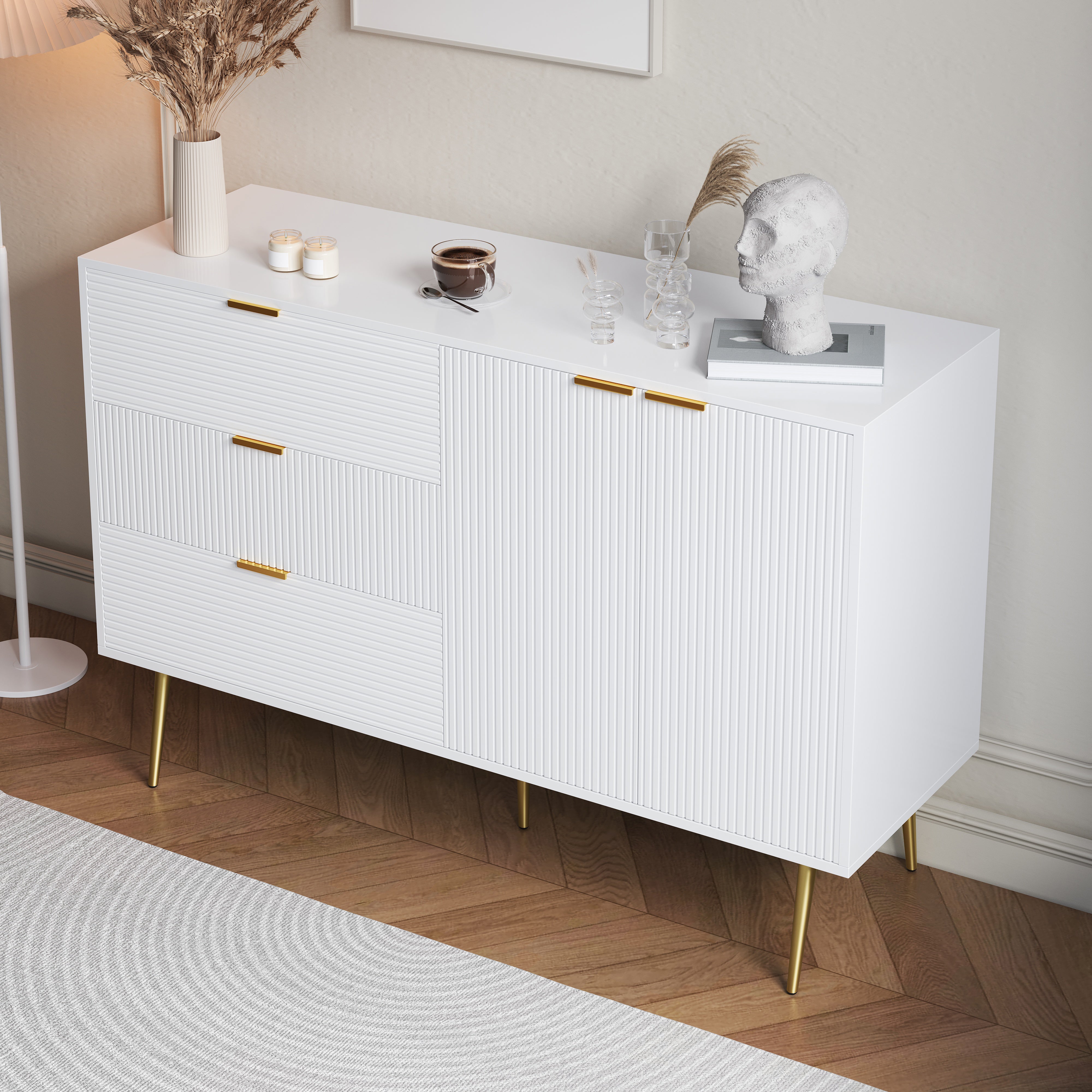 Sideboard, Living Room Cabinet with Doors & Drawers, Interior Shelves, Golden Handles & Legs