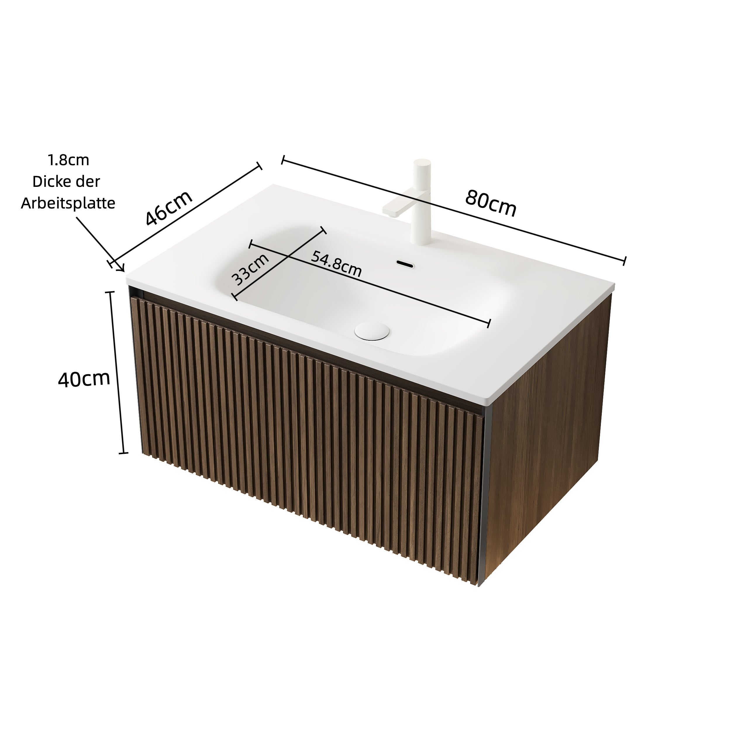 Bathroom Vanity Unit with Ceramic Sink and Drawer, 80cm Wall-Mounted Plywood, Brown Oak Finish