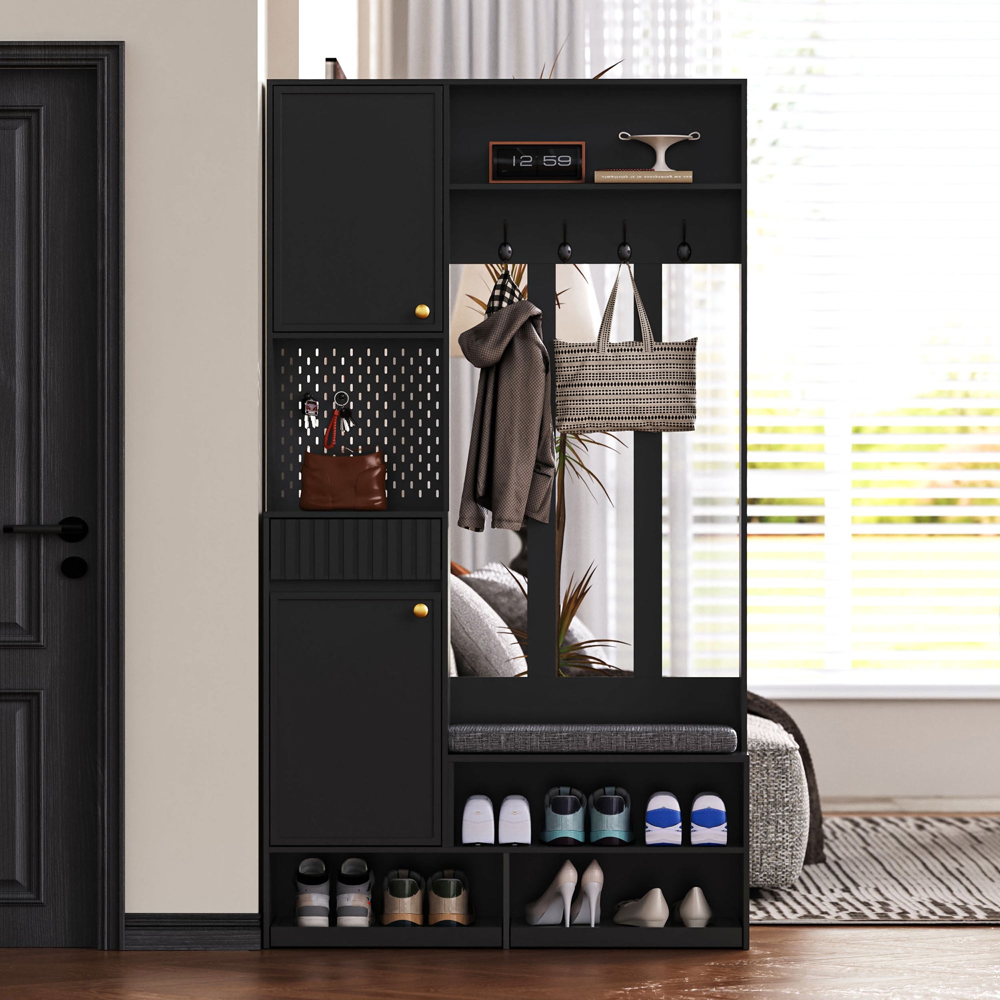 Wardrobe set complete hallway wardrobe set with bench, 4 hooks, doors & drawers - black