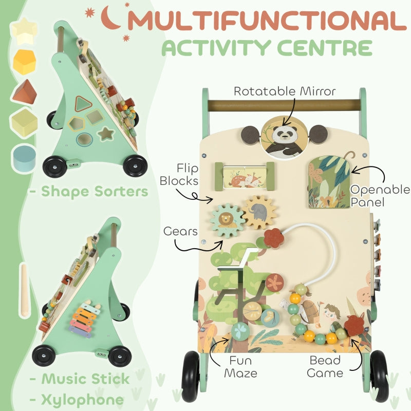 Wooden Baby Walker Push Along Toy with Speed Control, Activity Center, Green