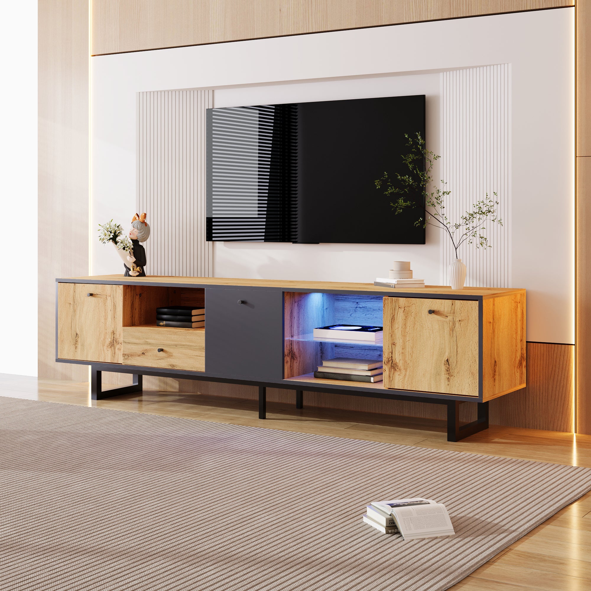 Lowboard TV Cabinet, LED Light & Glass Partition, Color-Matching Design