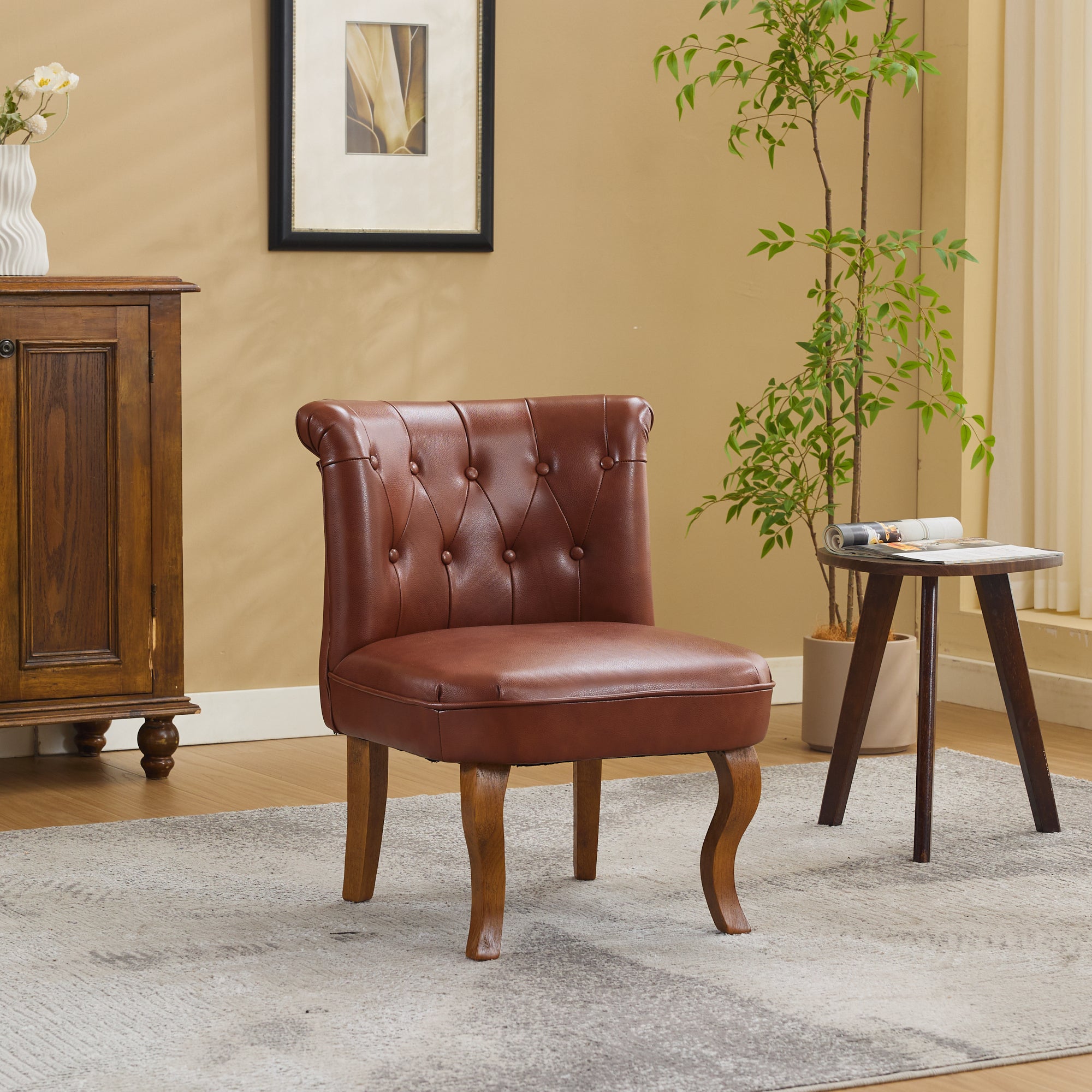 Genuine Leather Lounge Chair, Comfortable Living Room Armchair, Solid Rubberwood Legs, Brown