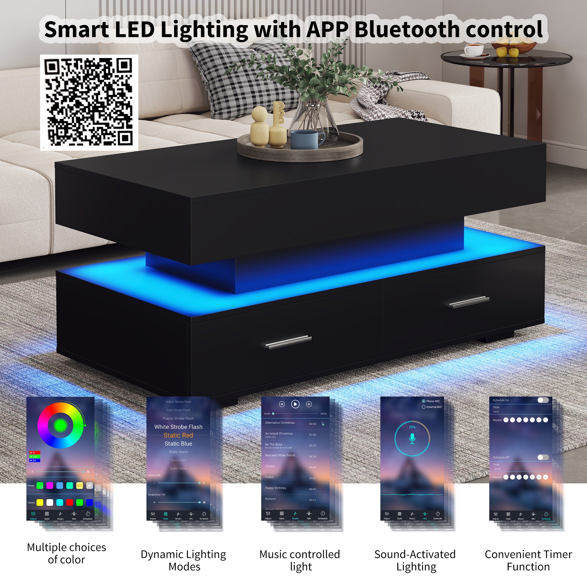 Coffee Table, Hydraulic Height-Adjustable with LED & Bluetooth, 2 Drawers, Black