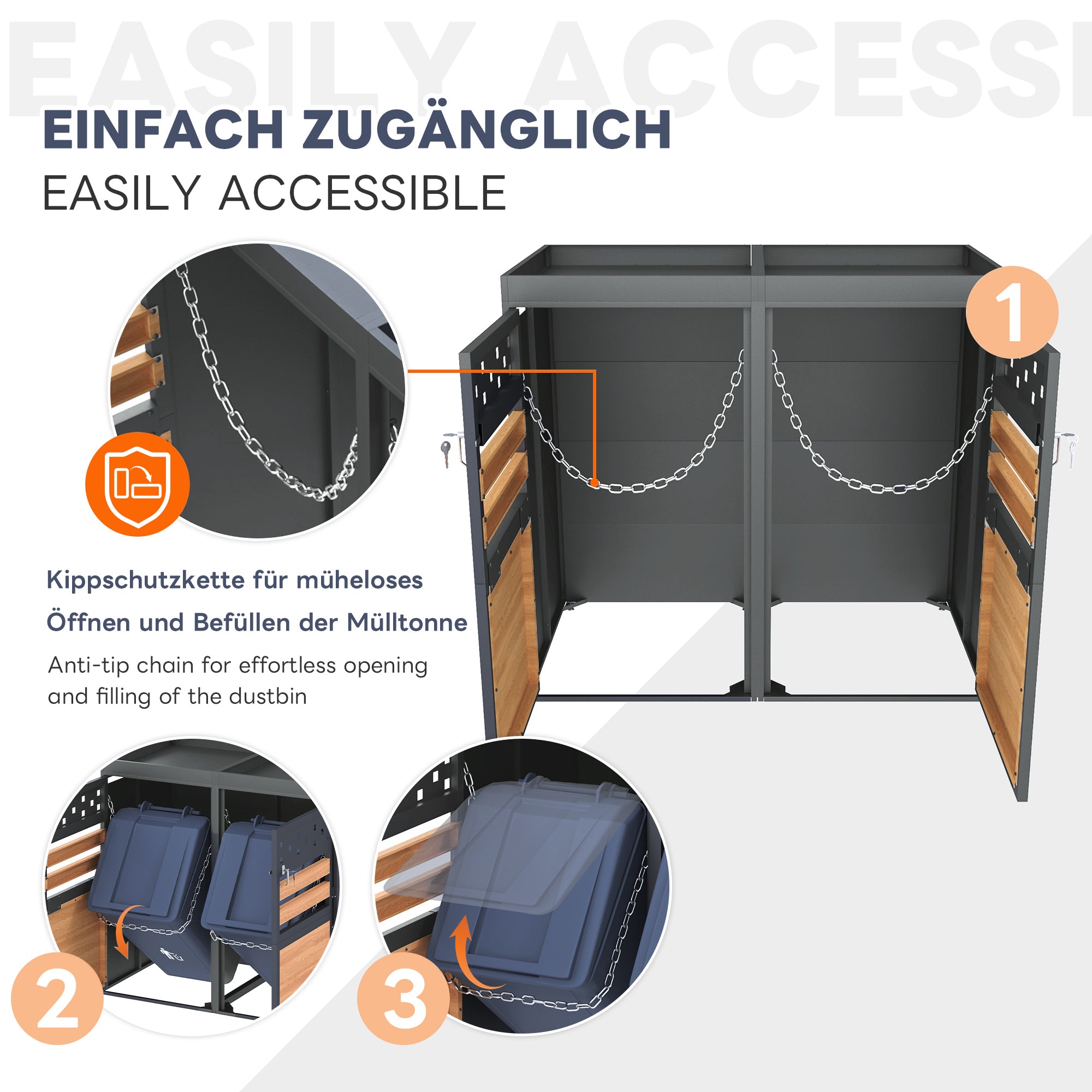 Garbage Can Storage Box, 4-Person with Planting Roof, 120-240L, Anthracite Wood-Look