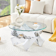 Round Coffee Table Glass Top 79cm Marble Look Legs - Multi-color