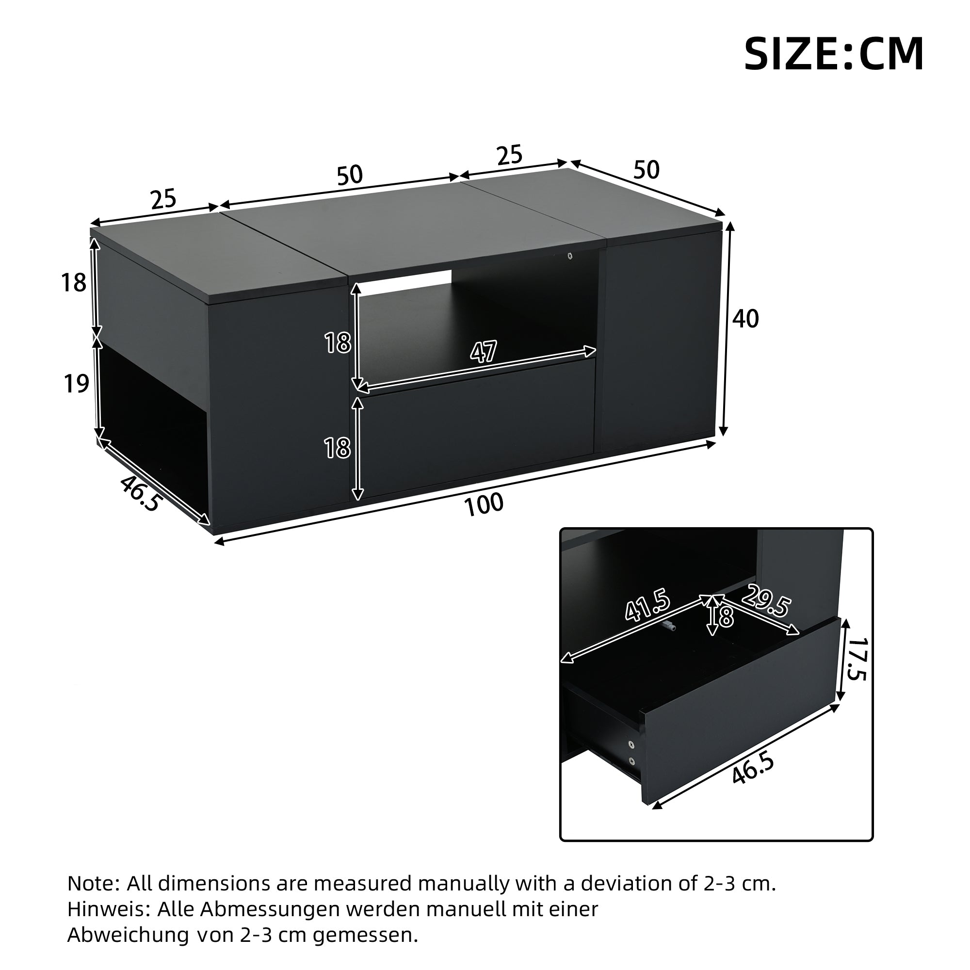Coffee Table 100x50x40cm High-Gloss LED 1 Drawer 2 Cabinets - Black