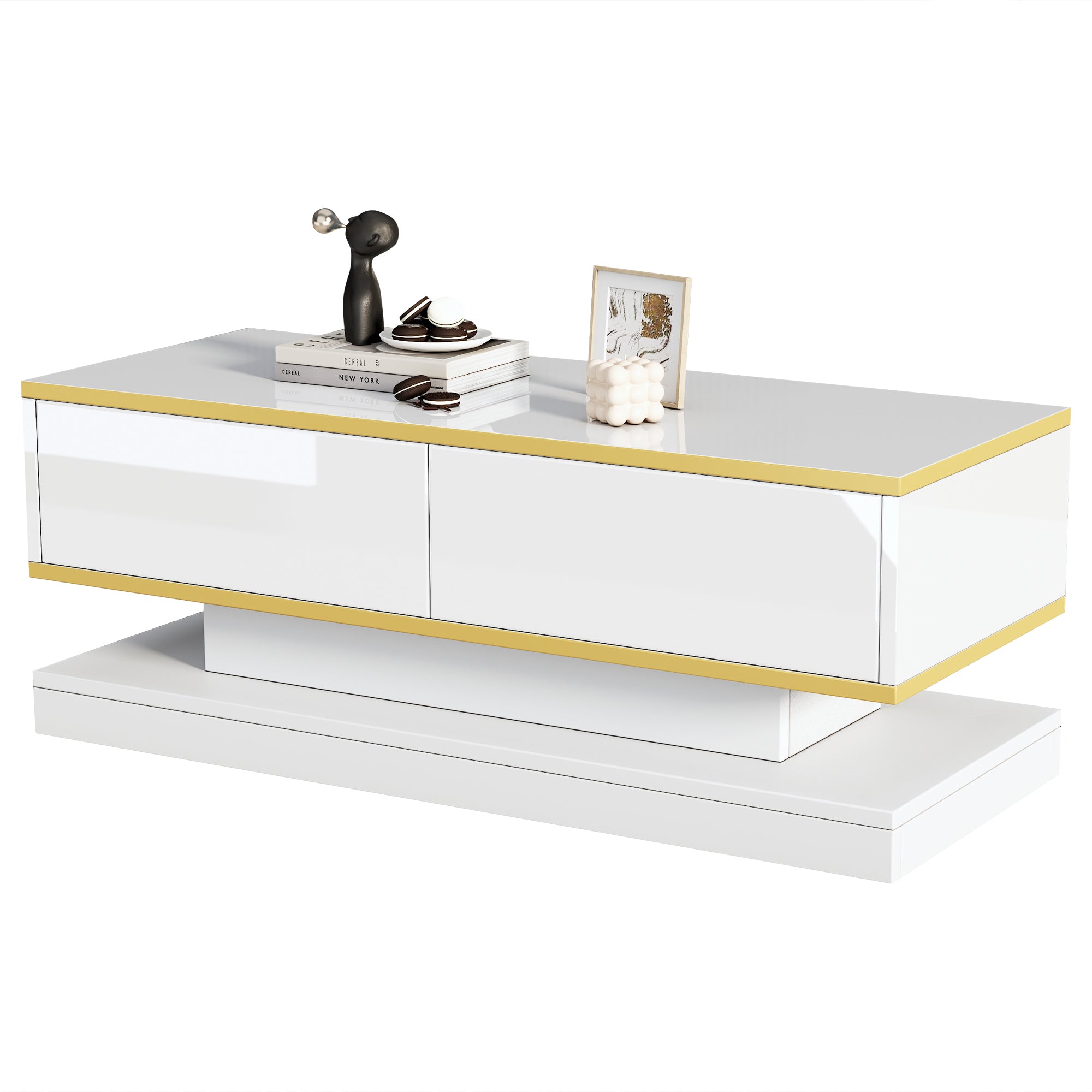 Coffee Table 100x50x38cm High Gloss with 2 Drawers, Warm White and Gold Edge