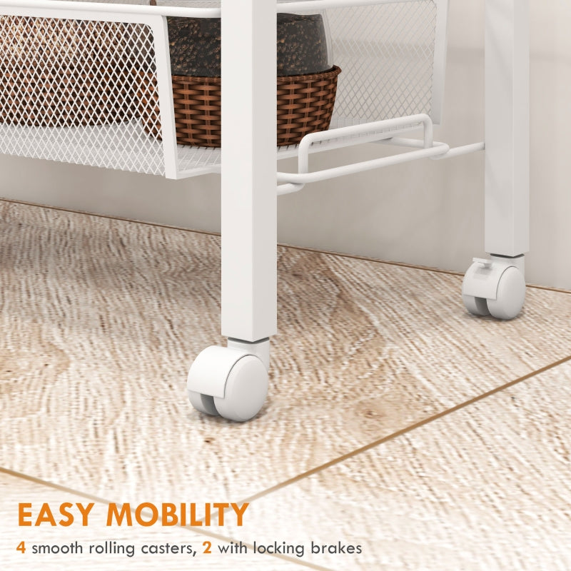 3-Tier Kitchen Cart with 3 Steel Wire Baskets, White