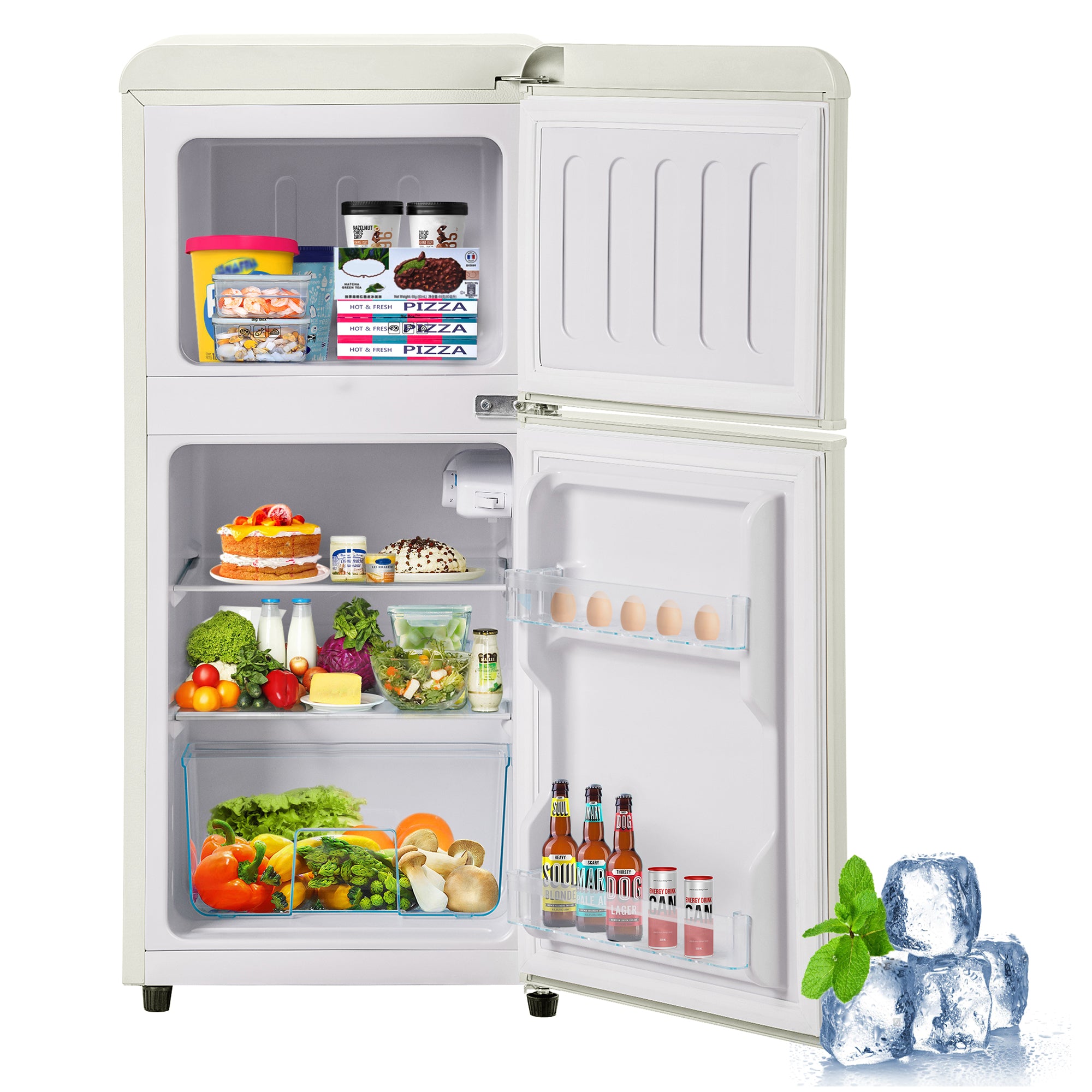 Retro Refrigerator Freezer, 60L Total Volume, 22L Freezer, Cream White