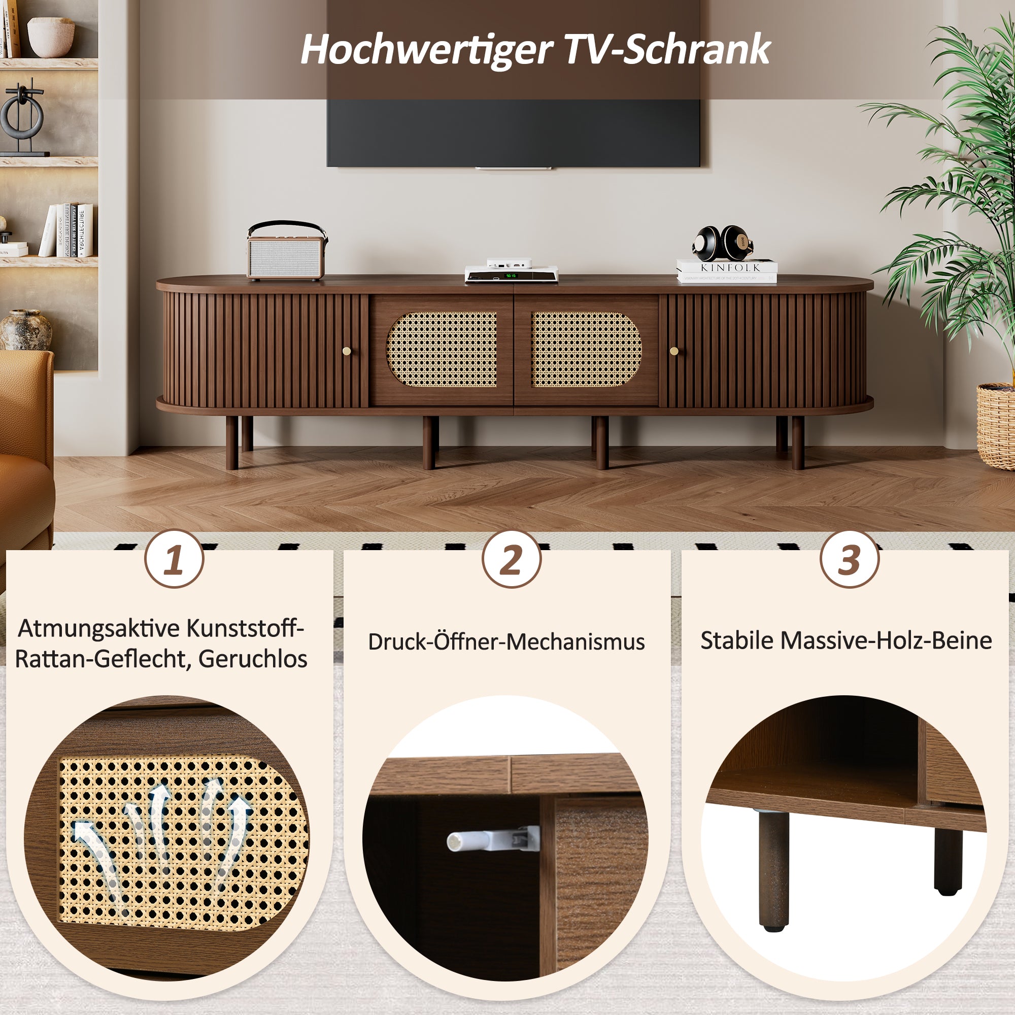 Oval TV Stand 180cm Rattan Design with 2 Sliding Doors Dark Walnut
