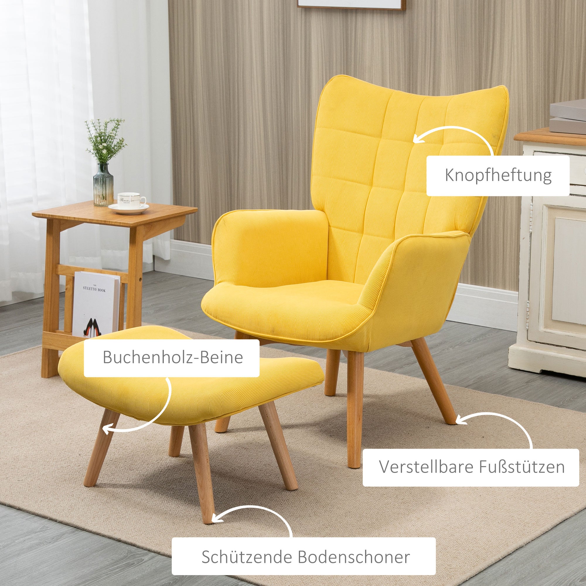 Relaxing Armchair Wing Chair with Footstool Wooden Legs, Corduroy Yellow