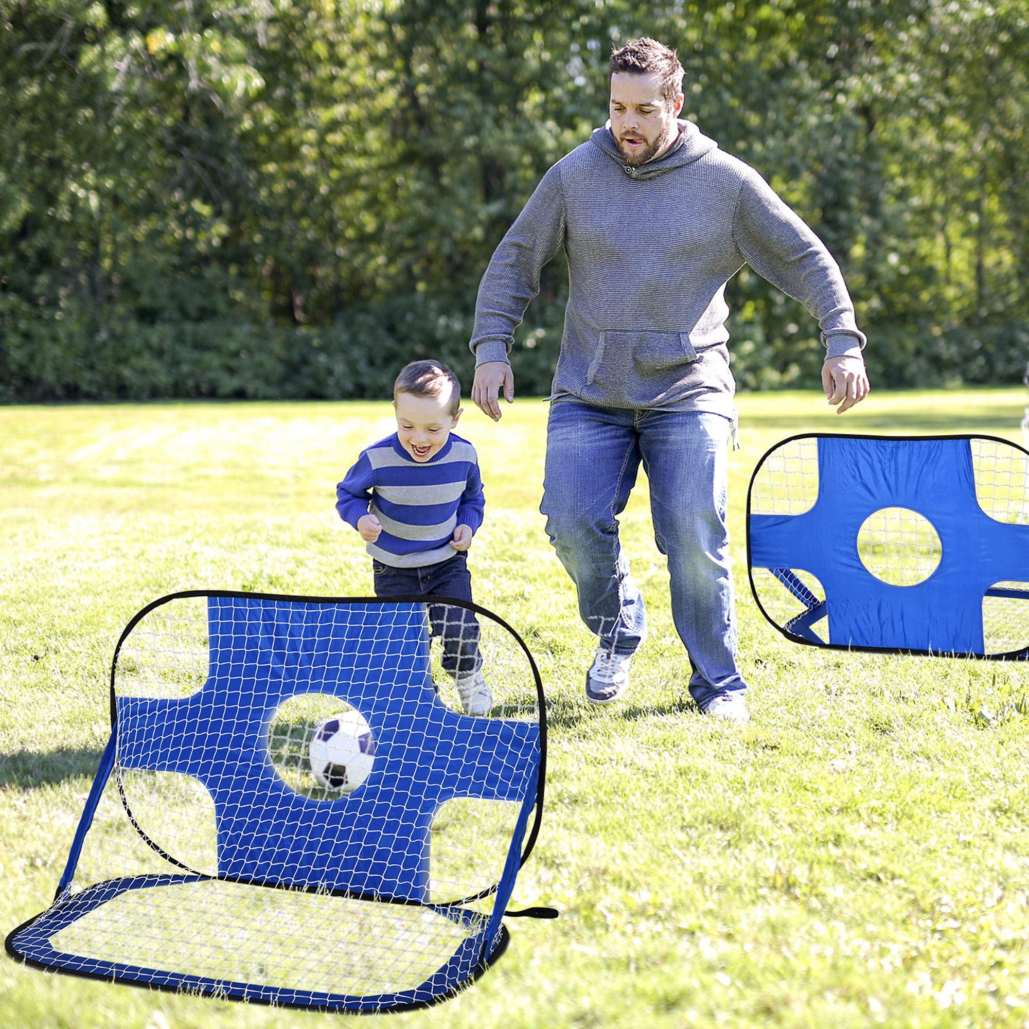 Pop-up football goals, set of 2 portable foldable mini goals with carrying bag, blue