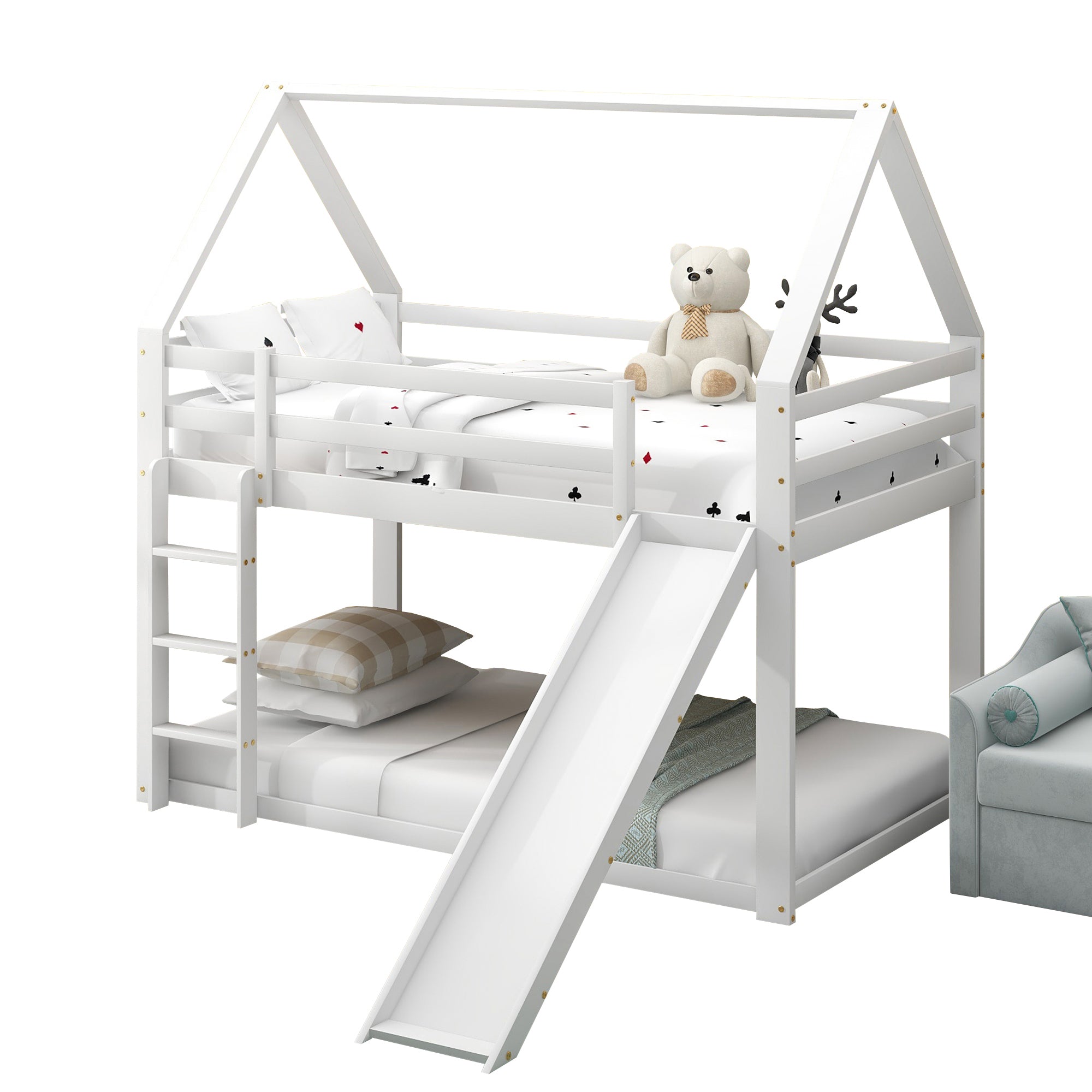 Single House Bunk Bed with Slide and Ladder, 90x200cm, White