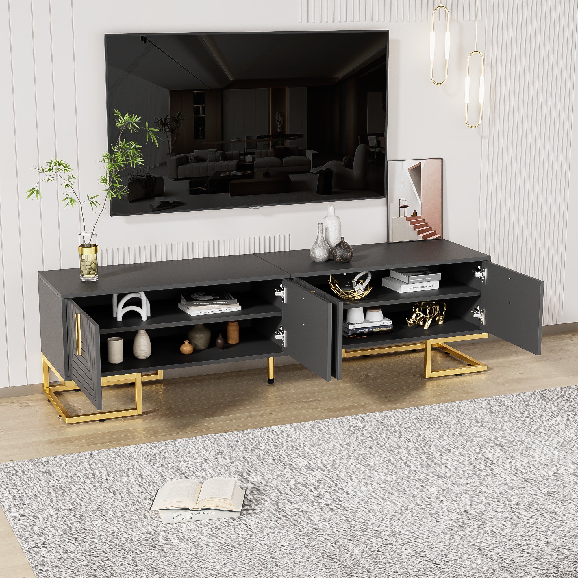 TV Cabinet Lowboard with Textured Door, Gold Handles and Feet