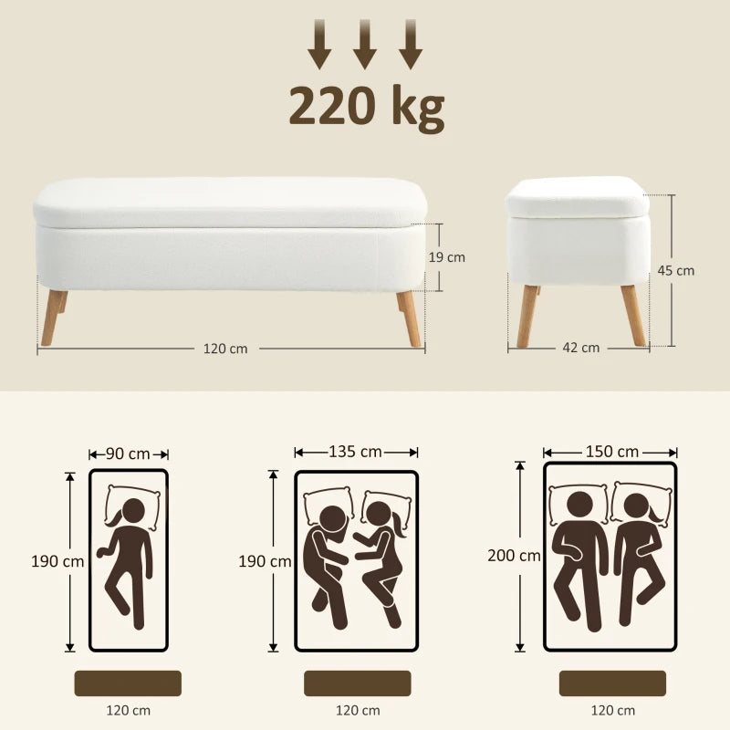 Storage Ottoman 65L Storage 120x42x45cm - Fleece Cream White