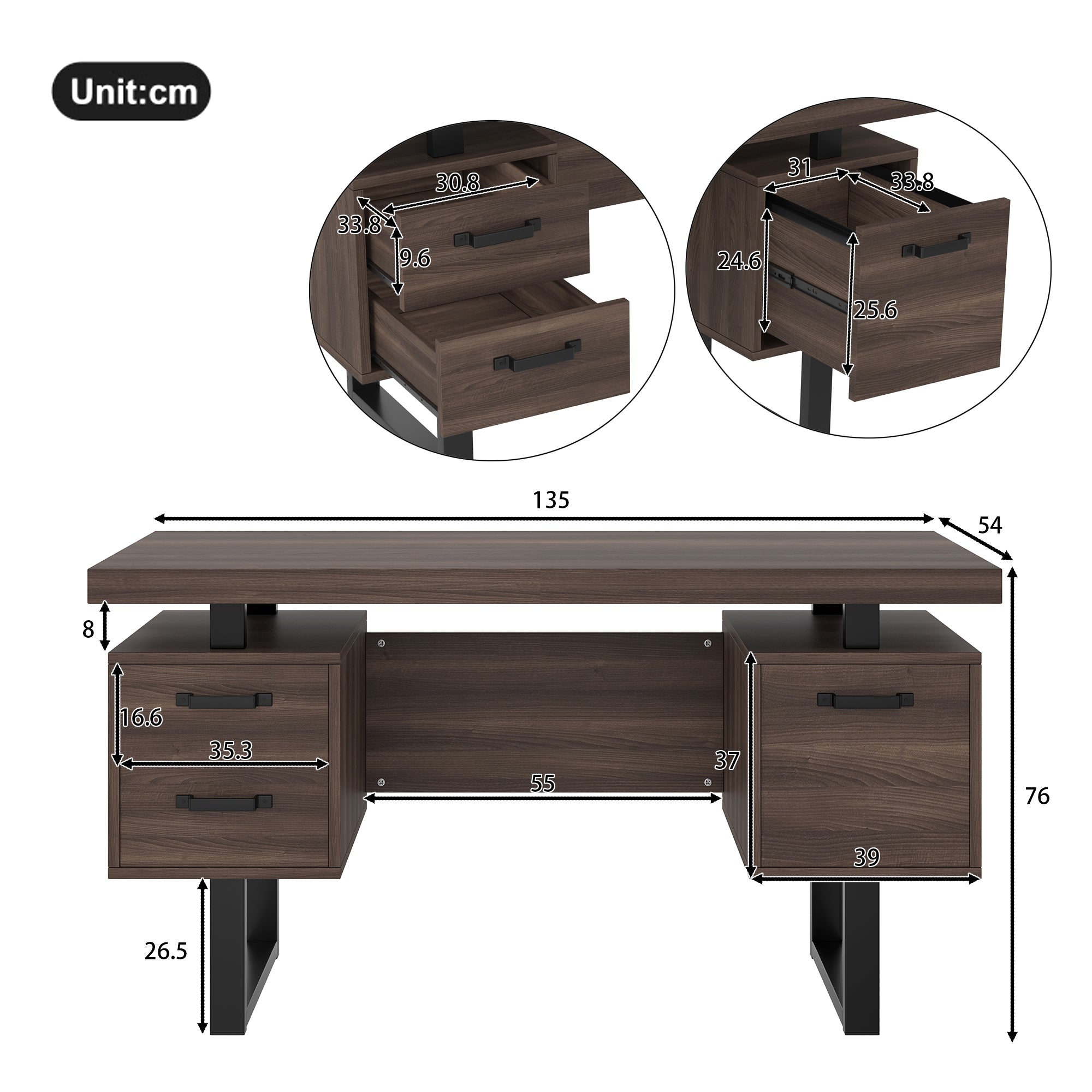 Simple Office Desk with Silent Drawer and File Drawer, 135 x 54 cm, Brown