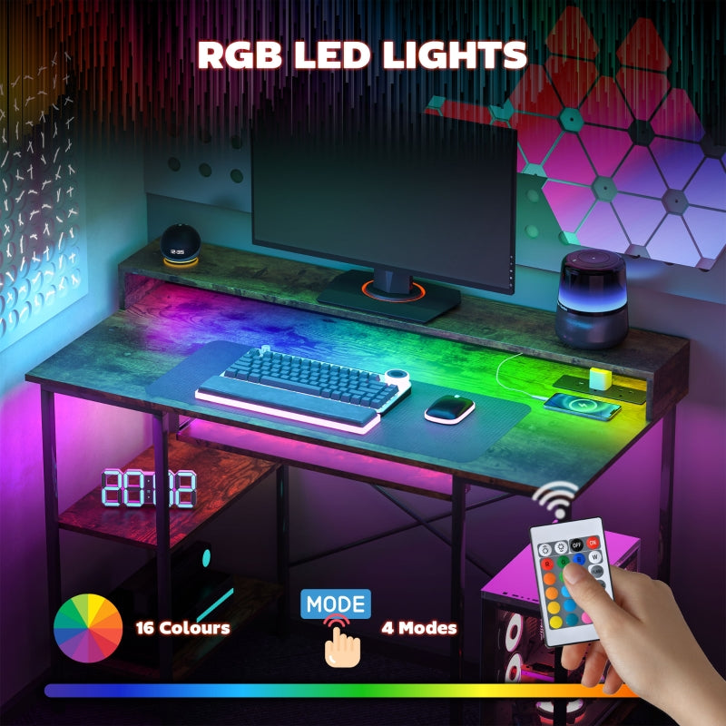 Computer Desk, LED Lights Power Outlets Monitor Stand Storage, Rustic Brown