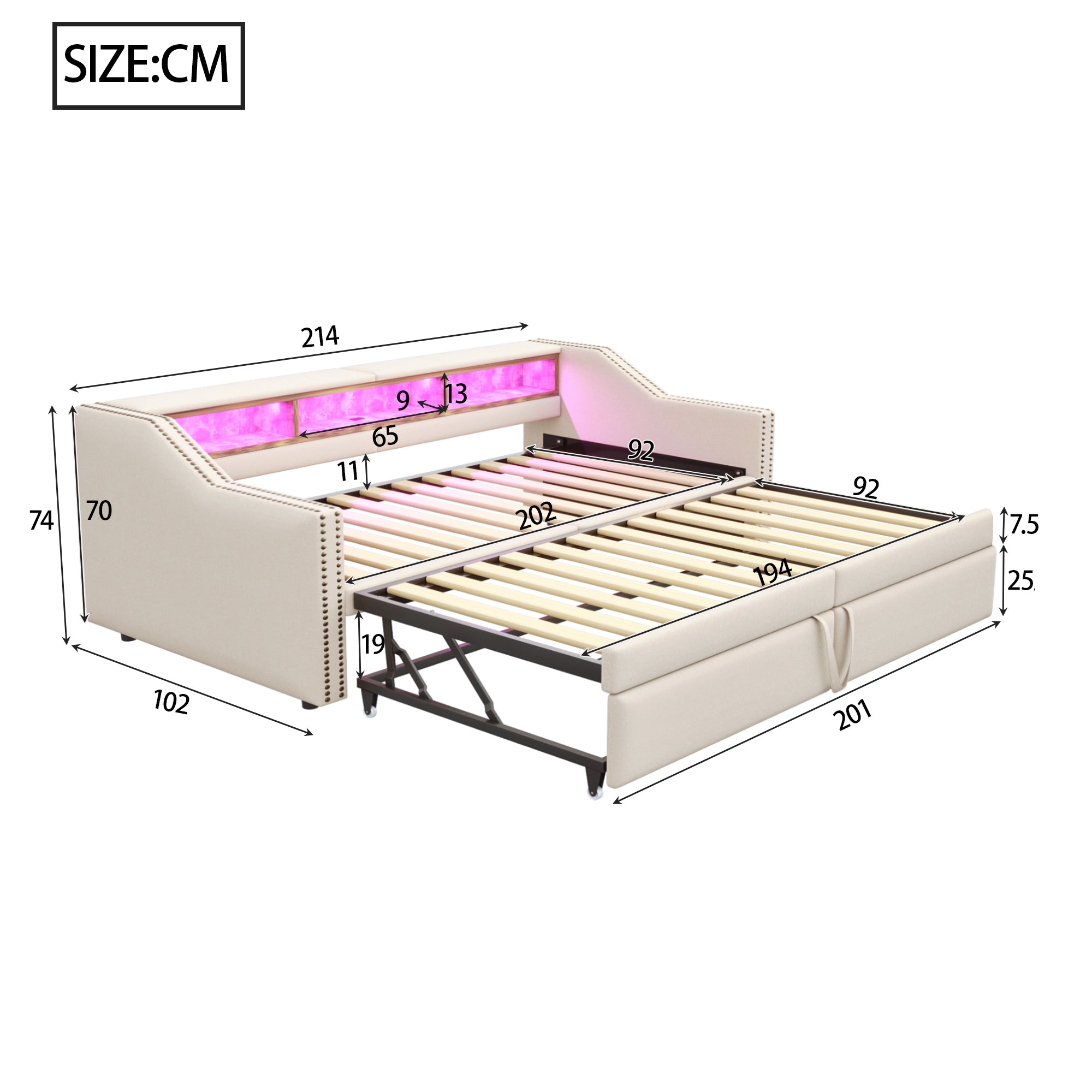 Upholstered Bed, Pull-Out Sofa Bed with Storage, LED & USB, Beige