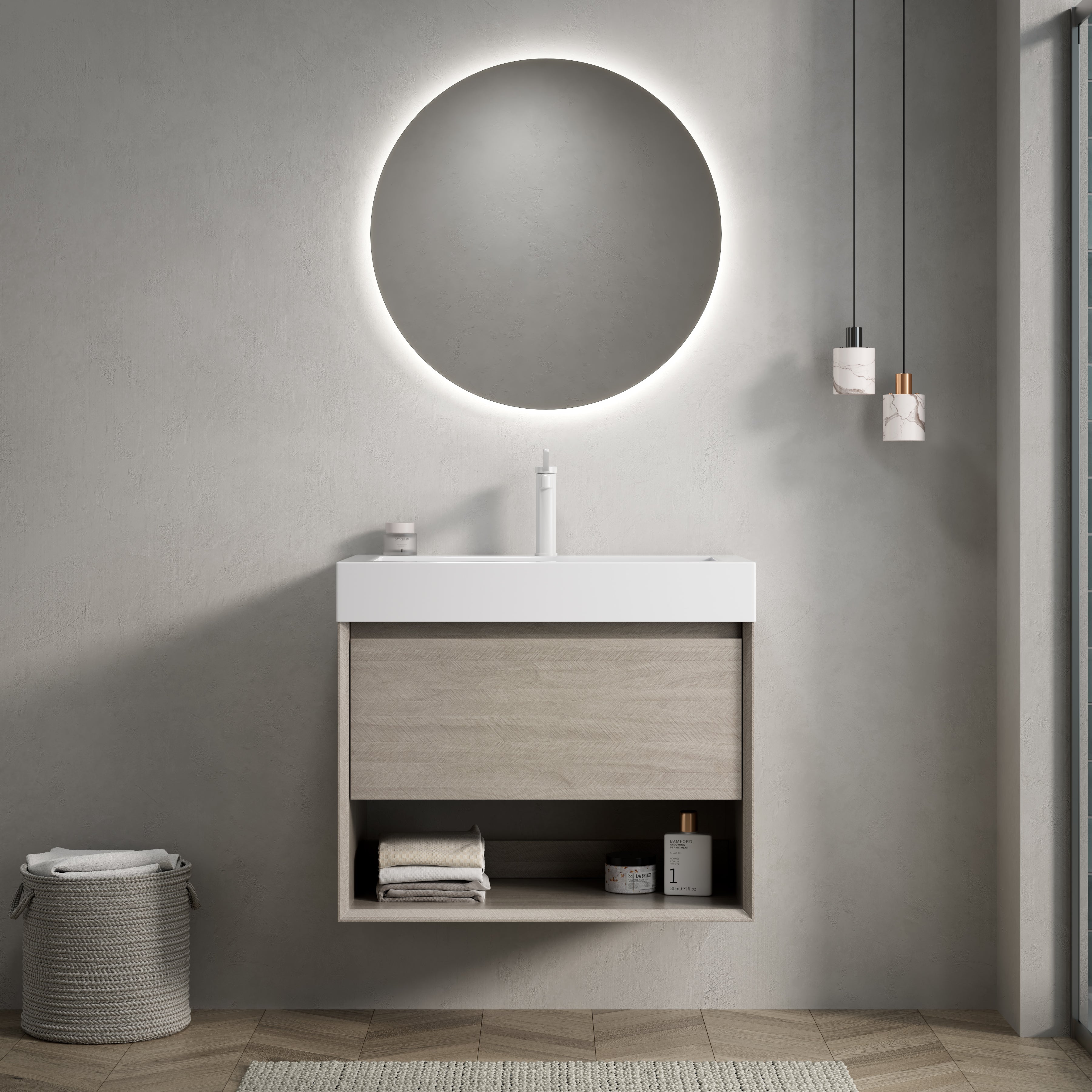 LUZ 70cm Wall-Mounted Bathroom Vanity Unit with Integrated Basin, Light Oak Wood Grain