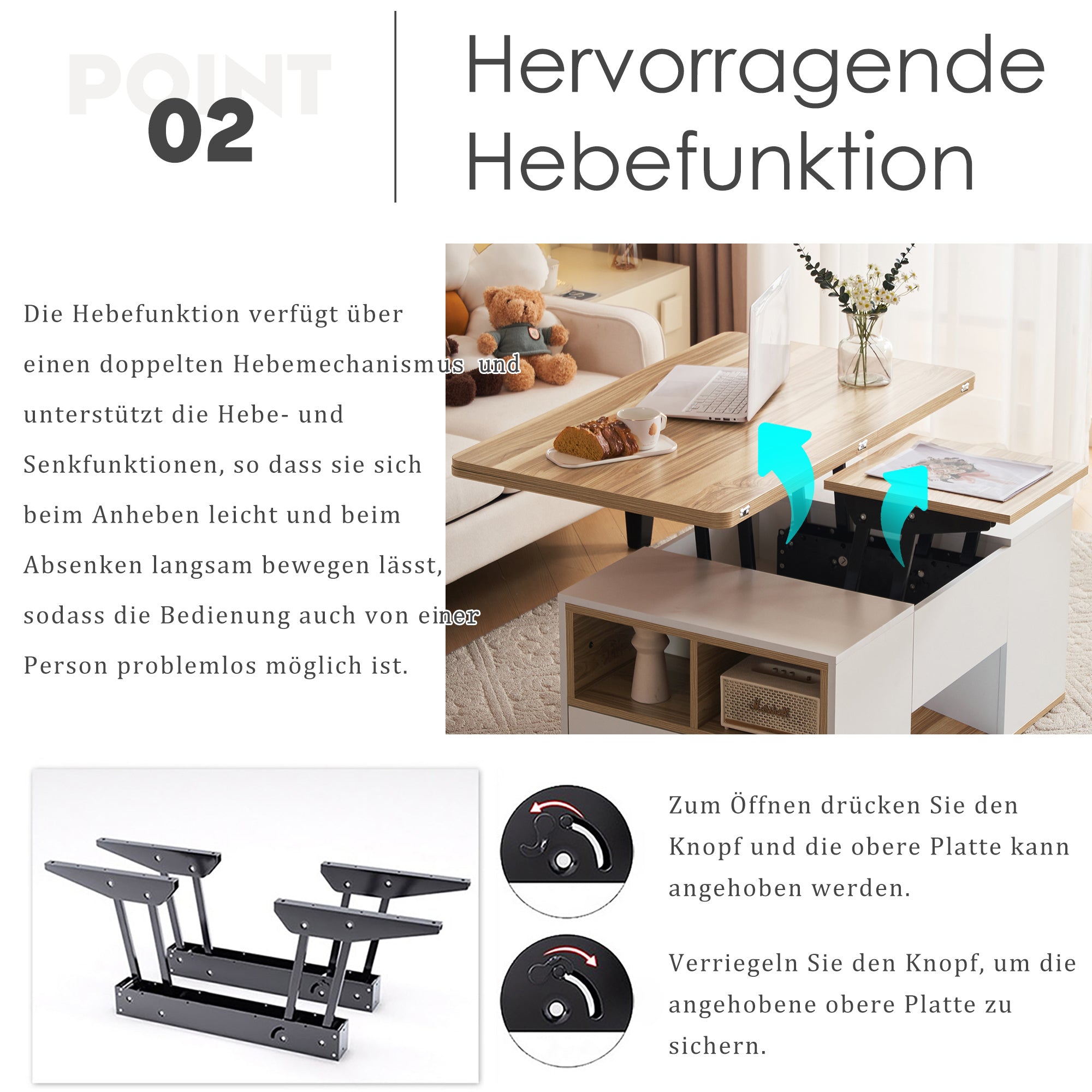 Liftable Coffee Table Opens to 2 Tables Storage - White/Wood