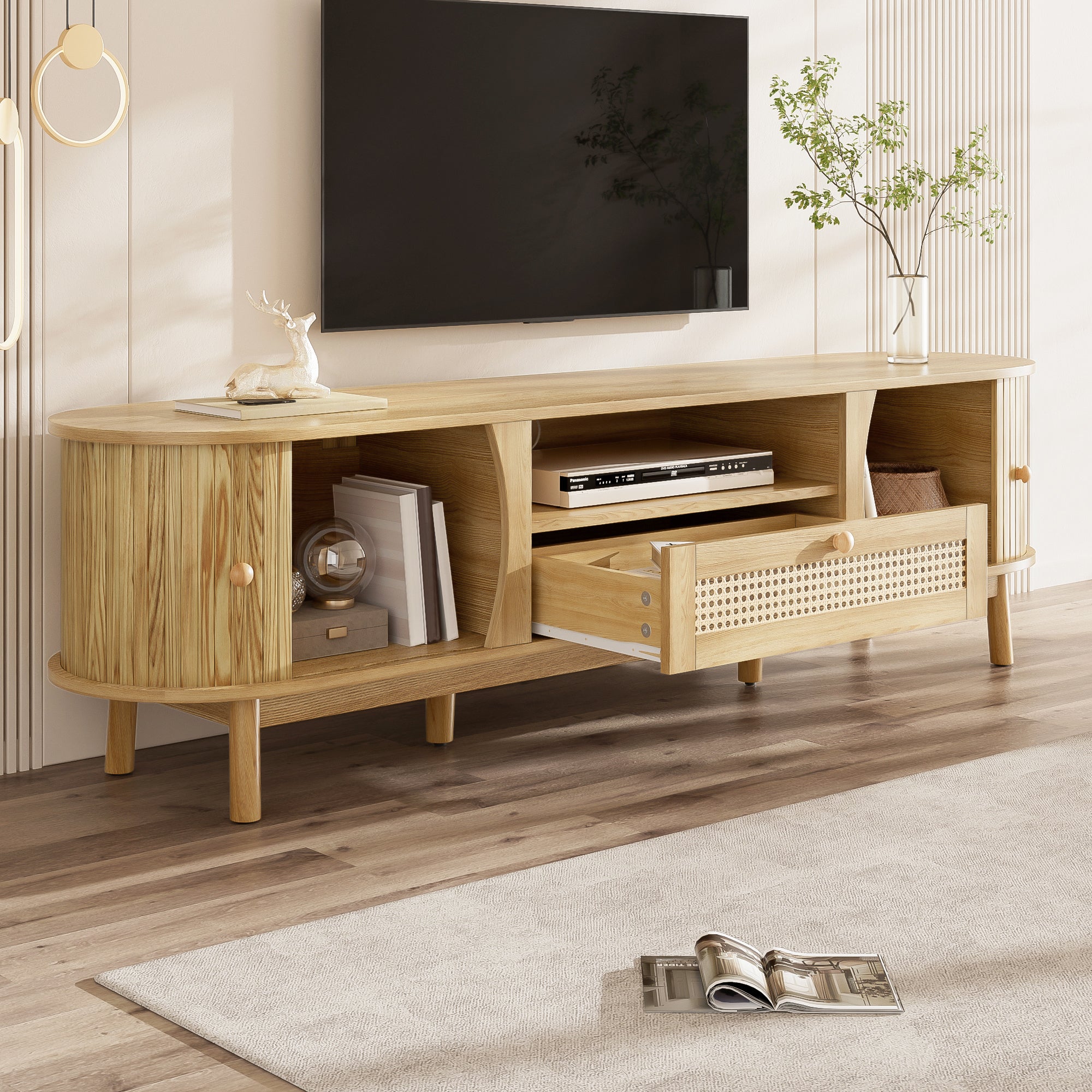 TV Cabinet with Doors and Drawers, Rattan and Solid Wood, Natural
