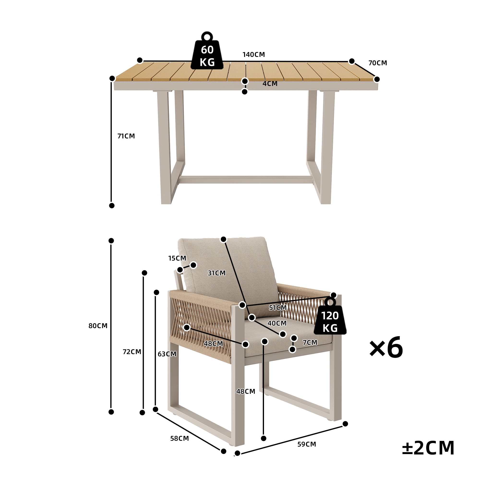 7-Piece Garden Dining Set with 1 Table and 6 Rope Weave Chairs, Weatherproof Cushions, Beige