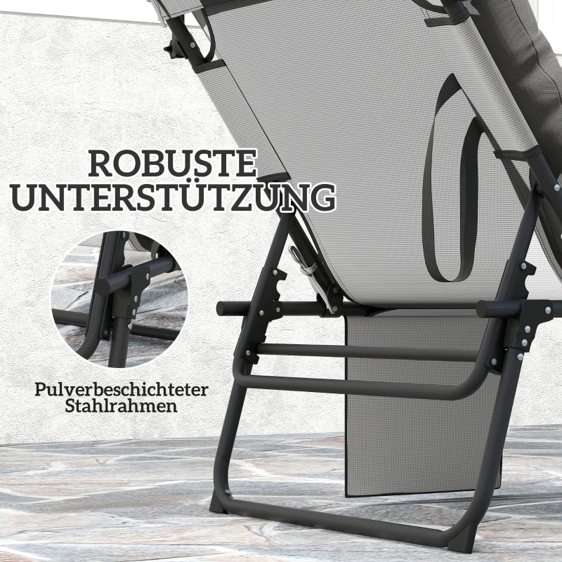 Folding Sun Lounger with Canopy, Mattress & 4-Position Adjustable Backrest - Light Grey