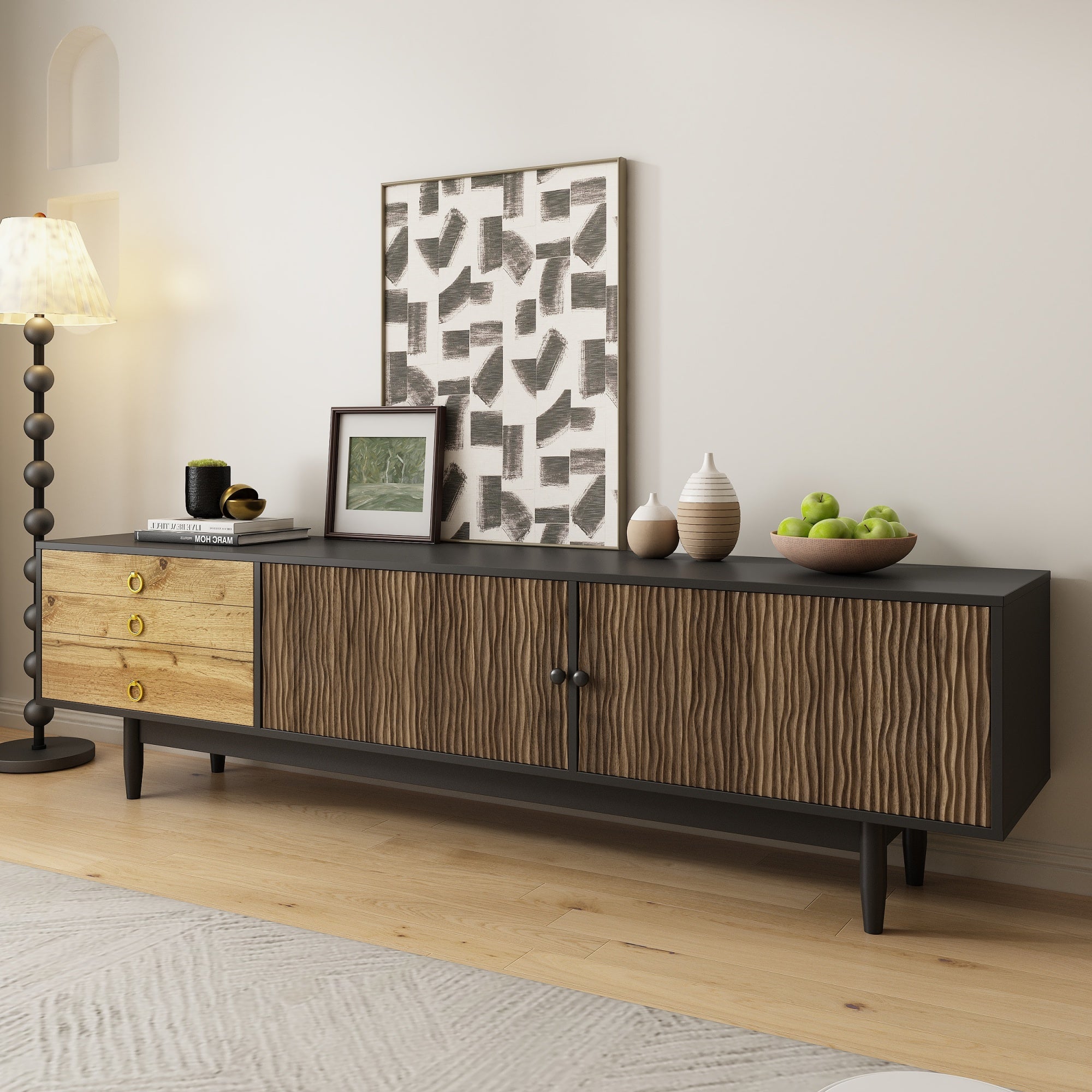 TV cabinet, water wave pattern, three drawers, wood and black