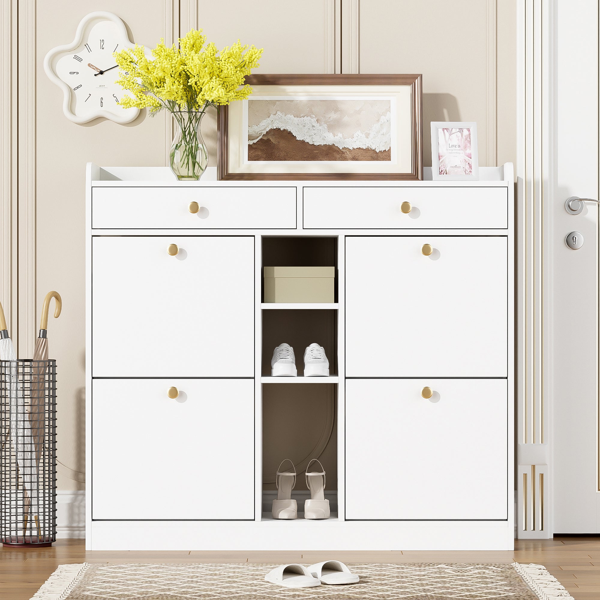 Shoe Cabinet with 4 Hinged Doors, 2 Drawers, 3 Open Compartments, White