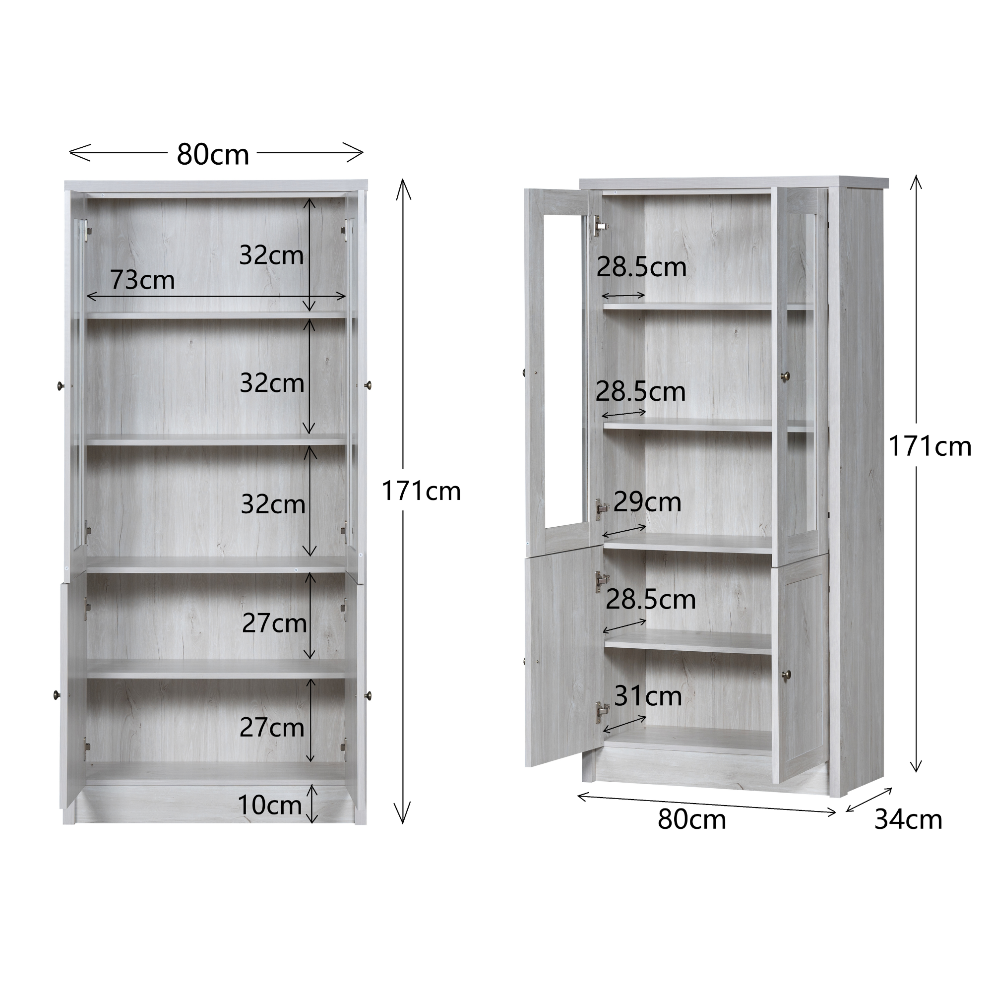 Tall Cabinet, Glass & Wood Doors, Copper Handles, Wood Look