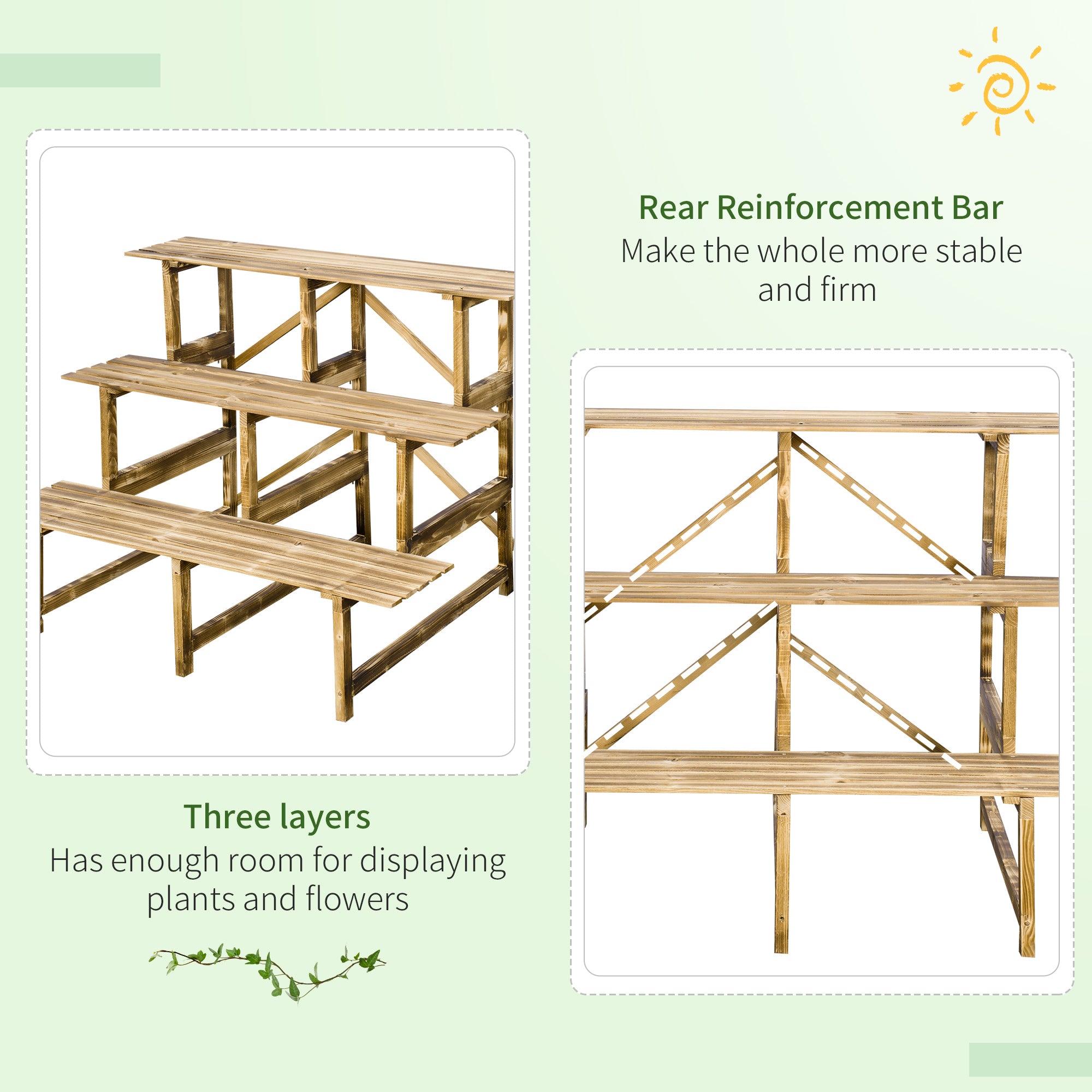 Plant Ladder Flower Shelf, 3 Steps, 100 x 80 x 78cm, Fir Wood