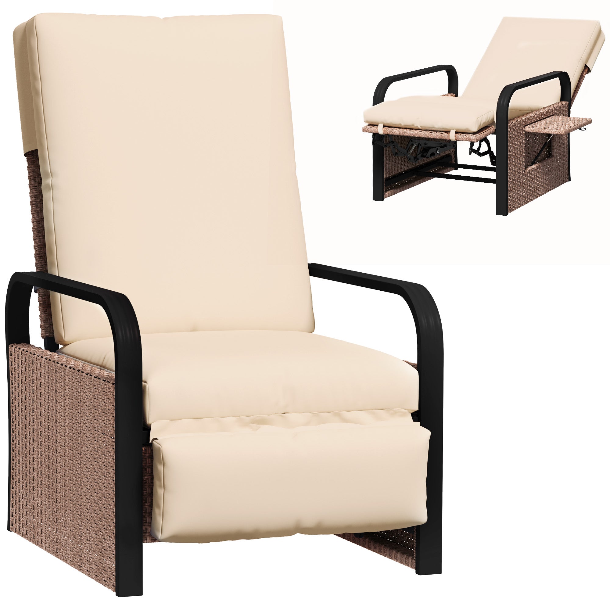 Reclining Armchair, 140° Adjustable Rattan, Brown/Khaki