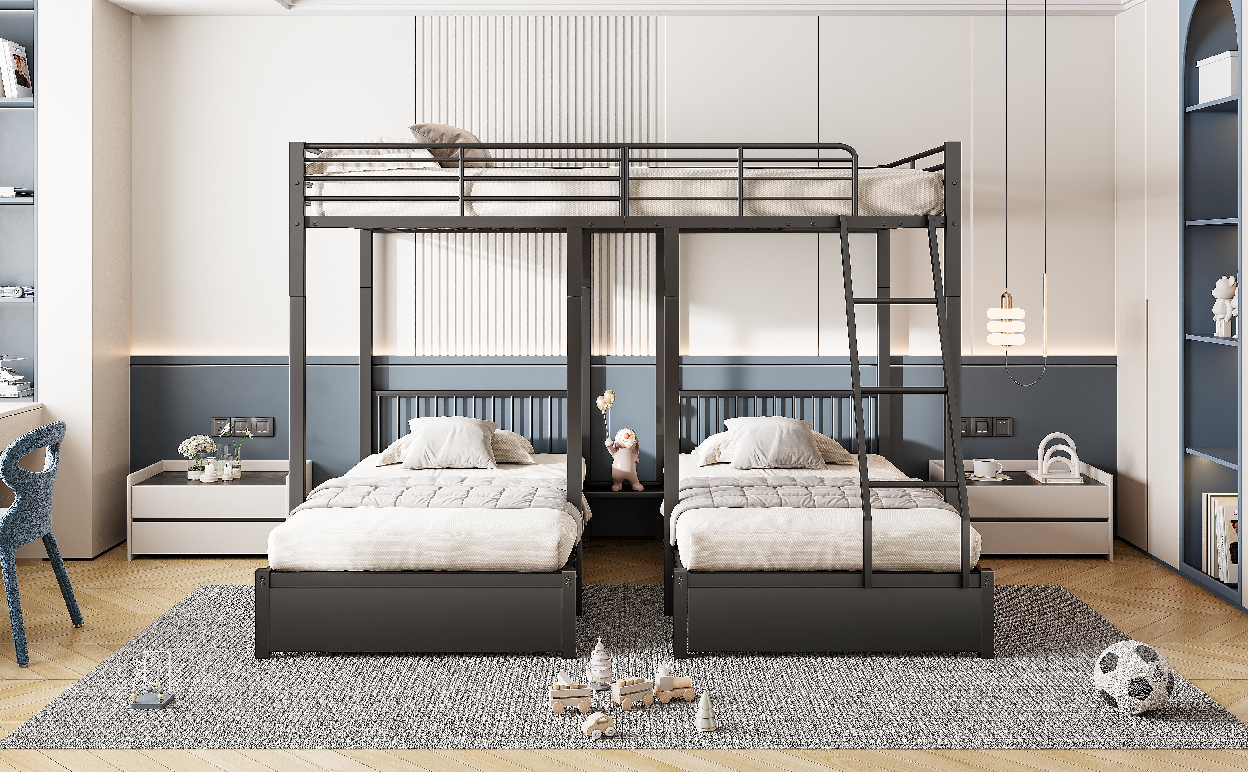 Triple Bunk Bed, Drawers, Convertible to Double & Two Single Beds, Metal, Black