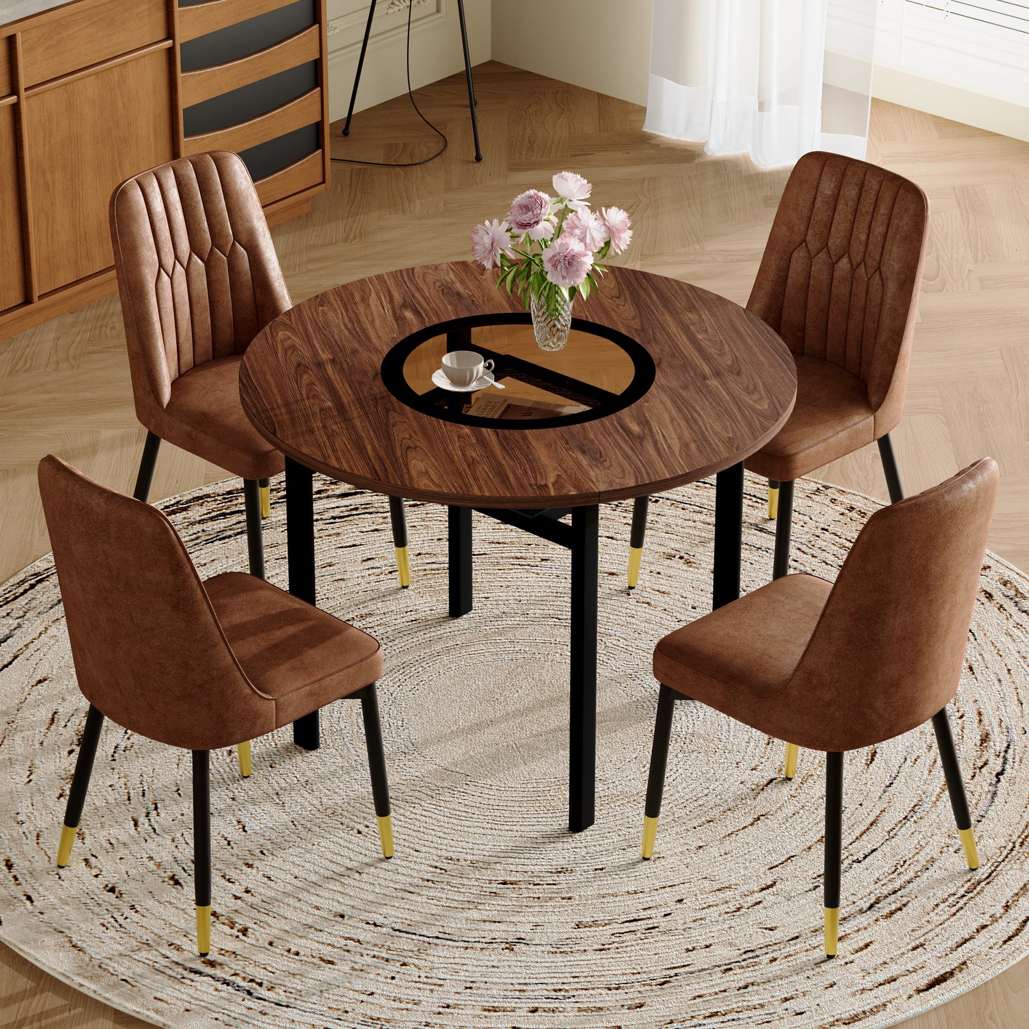 Modern Minimalist Dining Table Set, 4 Chairs, 100cm Round Table, Brown Tech Fabric/Wood Look