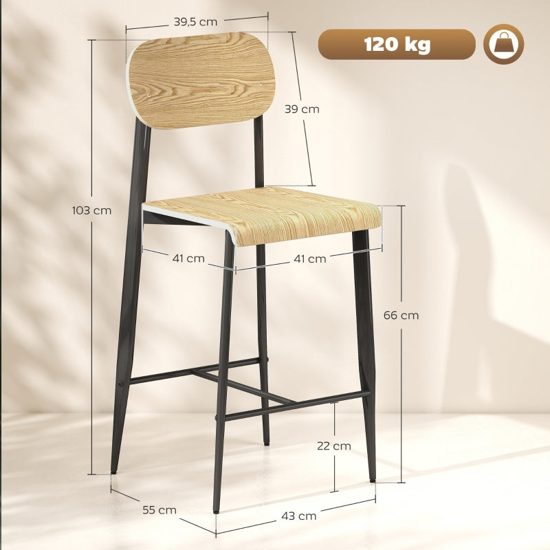 Bar Stool Set of 2, Footrest, 66cm Height, Industrial Design, Natural Wood + Black