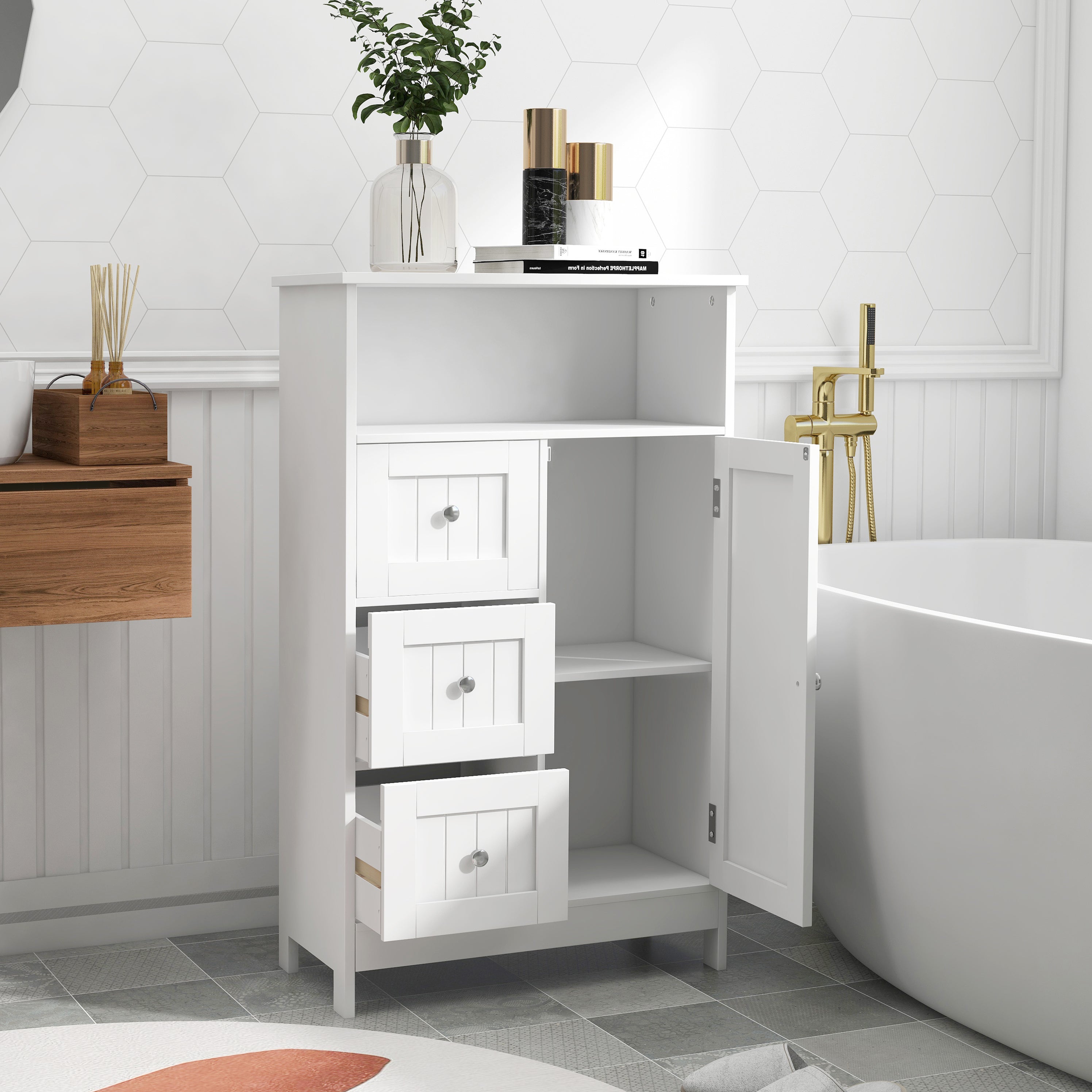 Bathroom Standing Storage Cabinet, 3 Drawers 1 Door - White
