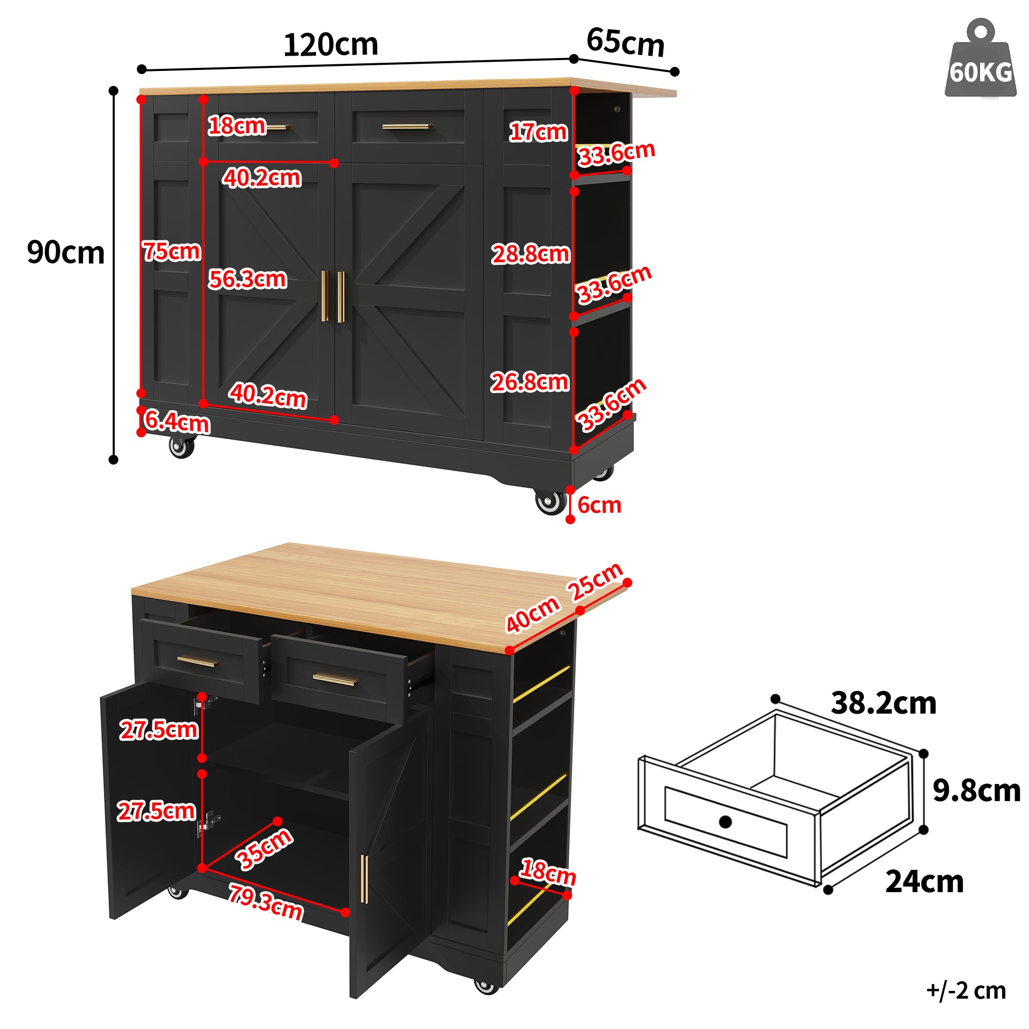 Modern Kitchen Island with Storage and Extendable Tabletop, Black Wood Grain Finish