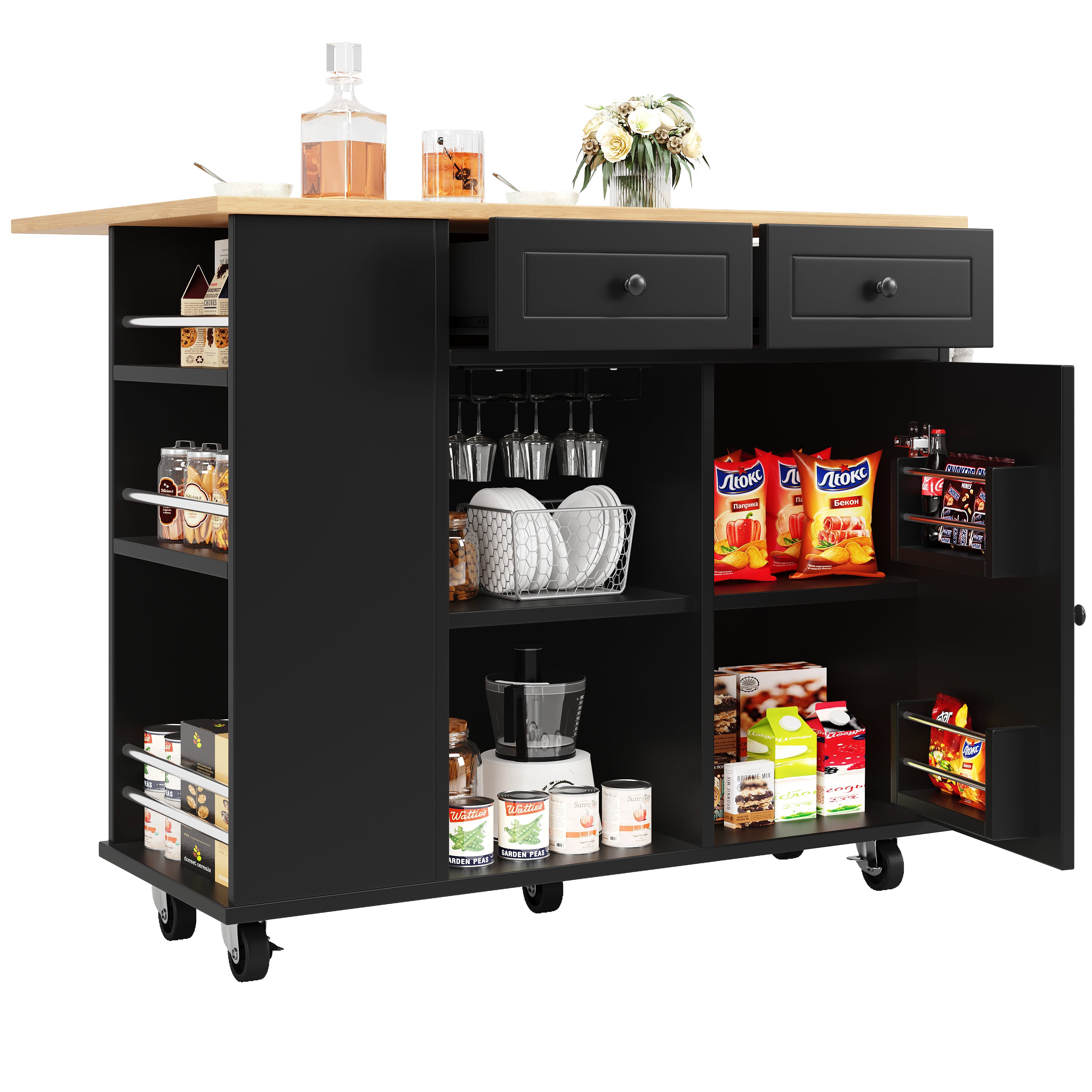 Kitchen Island Mobile Removable Partitions Wine Rack - Black Wood Grain