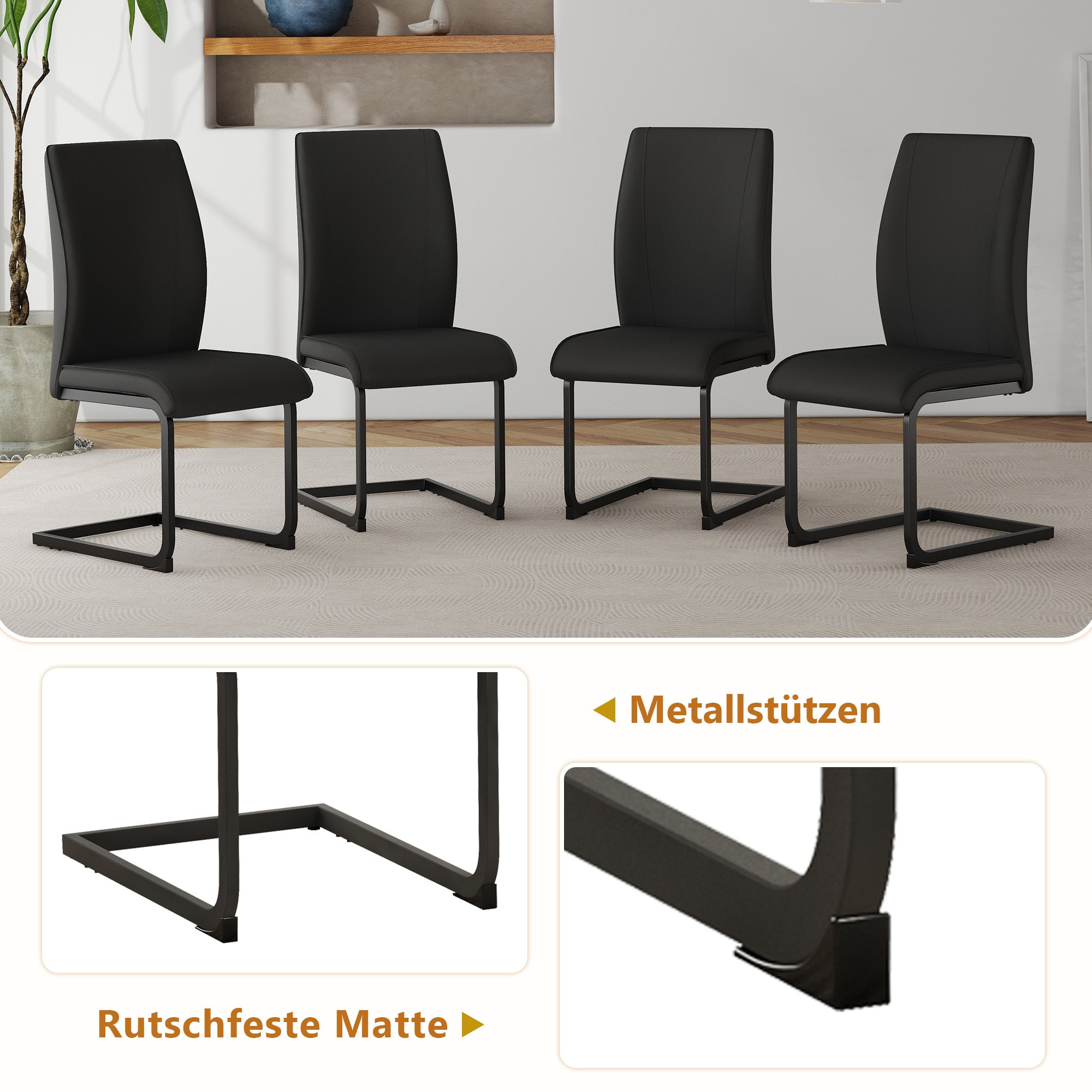 Dining Table Set, Rectangular with Storage Shelf and 4 Armchairs, Black Faux Leather