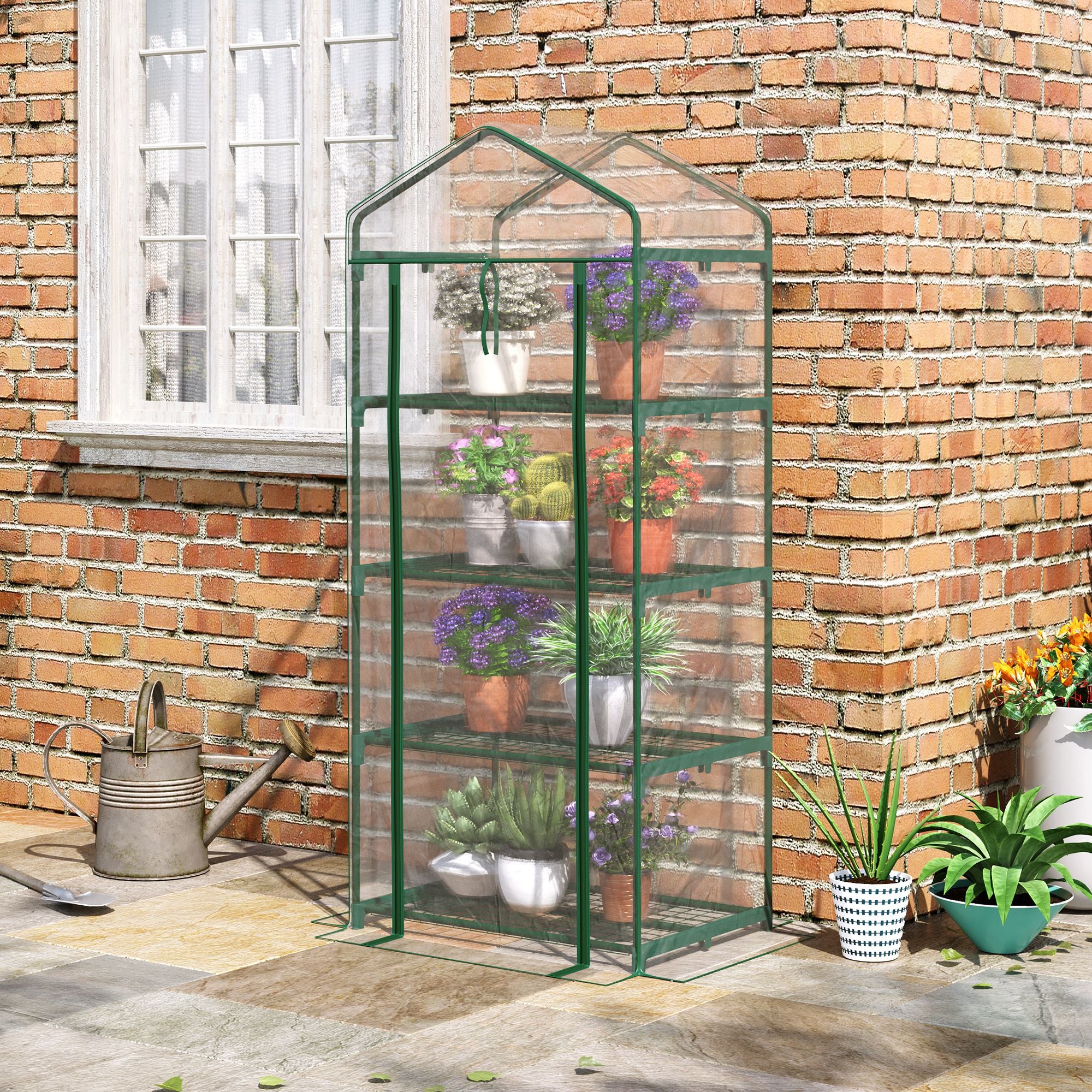 4 Tiers Mini Portable Greenhouse, Compact Plant Grow Shed, Transparent PVC Cover and Metal Frame