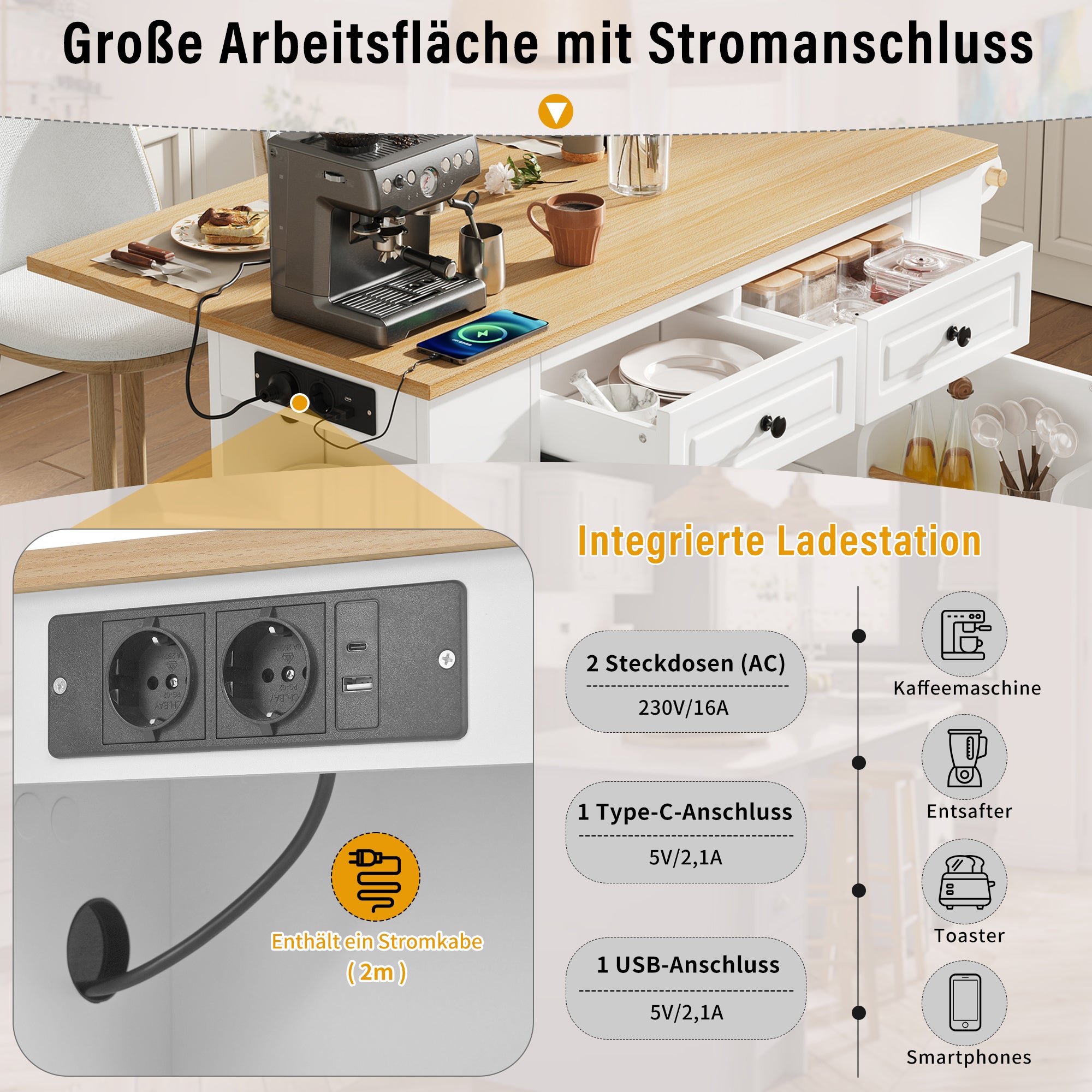 Kitchen Island Mobile Extendable Dining Table Waste Bin Towel Rack Power Strips - White